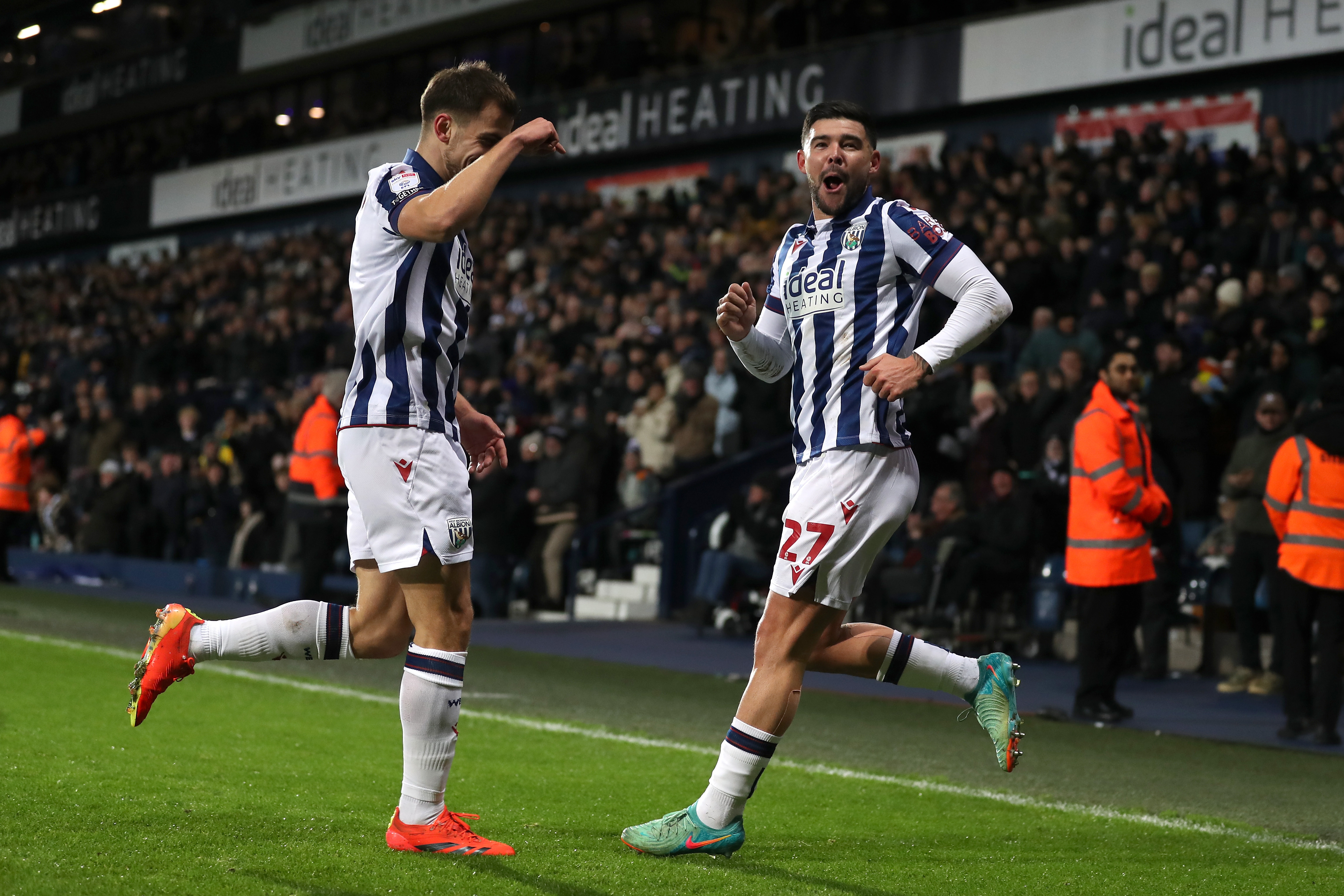 Alex Mowatt celebrates scoring against Coventry City with Jayson Molumby in the home kit 