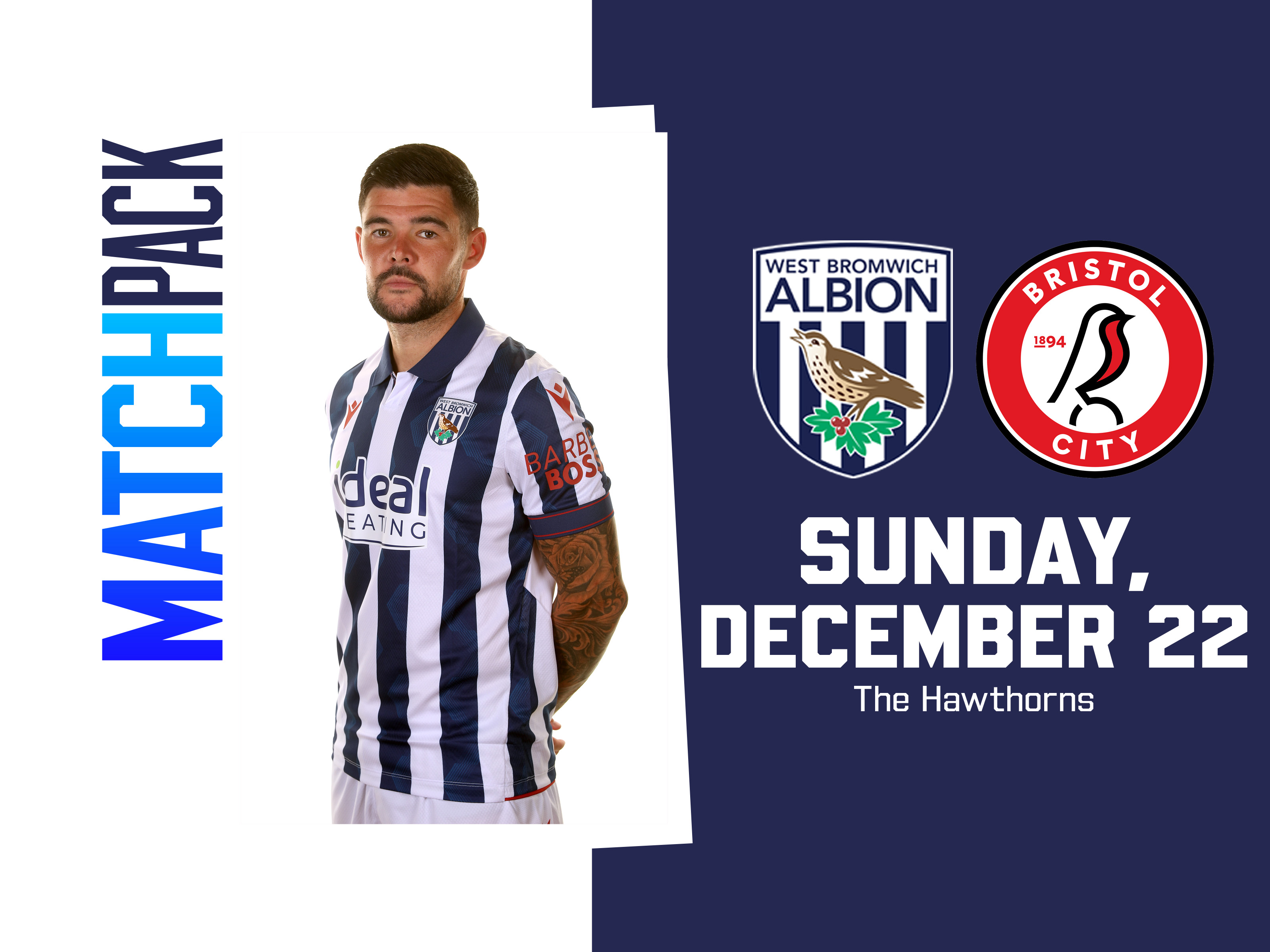 Home match pack graphic with WBA & Bristol City badges on with an image of Alex Mowatt in the home kit looking at the camera 