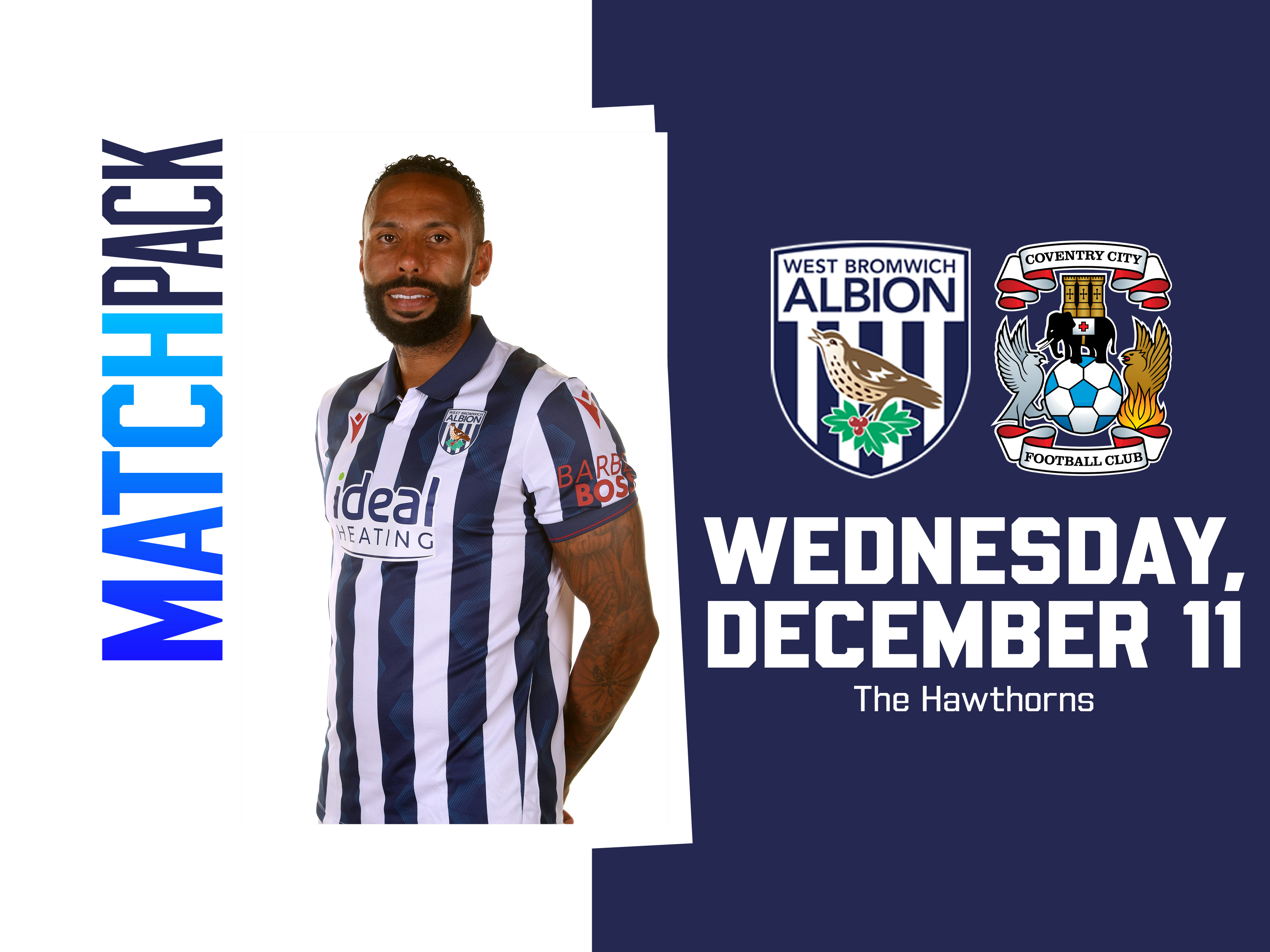 Home match pack graphic with WBA & Coventry badges on with an image of Kyle Bartley in the home kit smiling at the camera