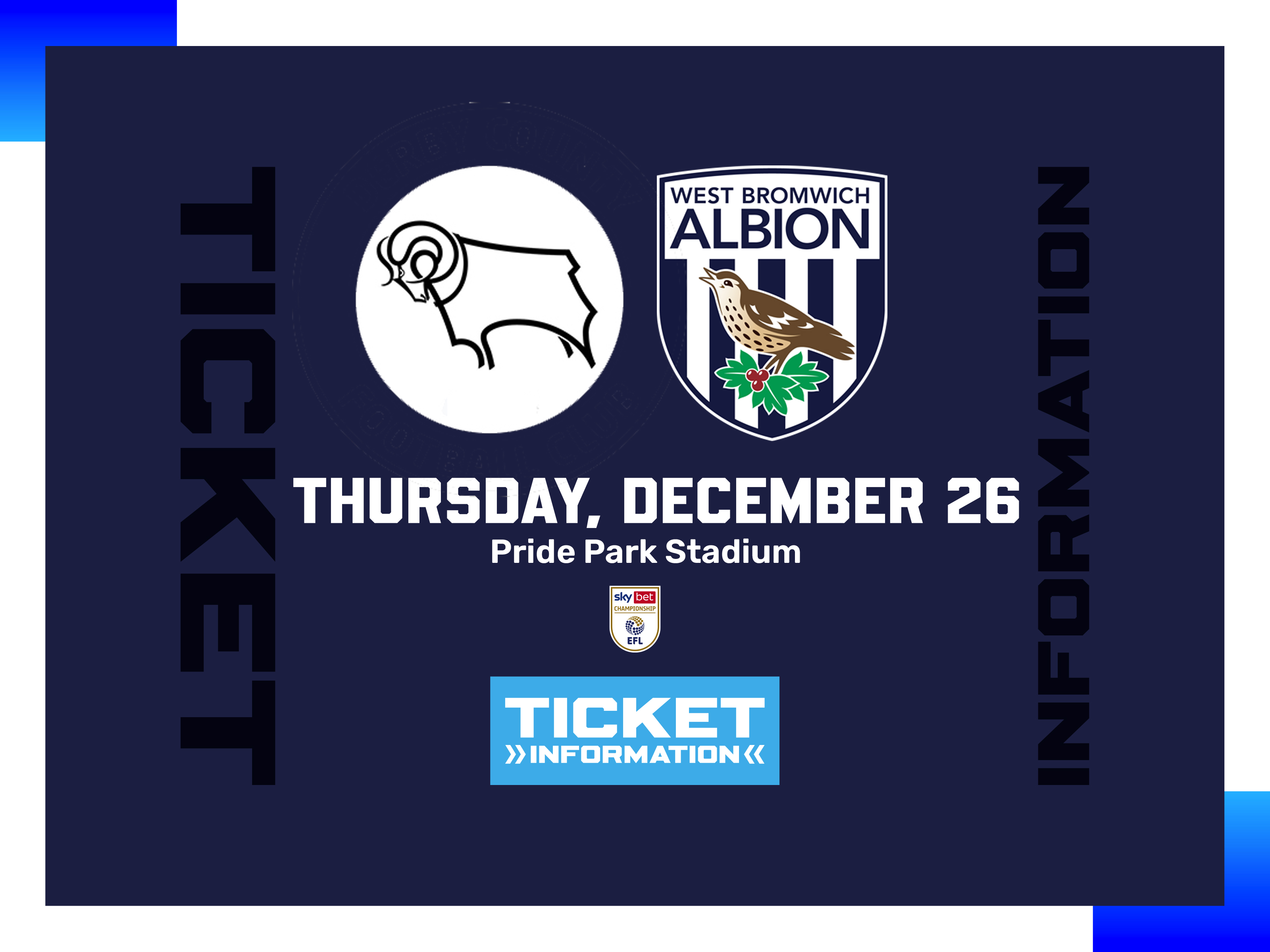 A ticket graphic displaying information for Albion's match against Derby