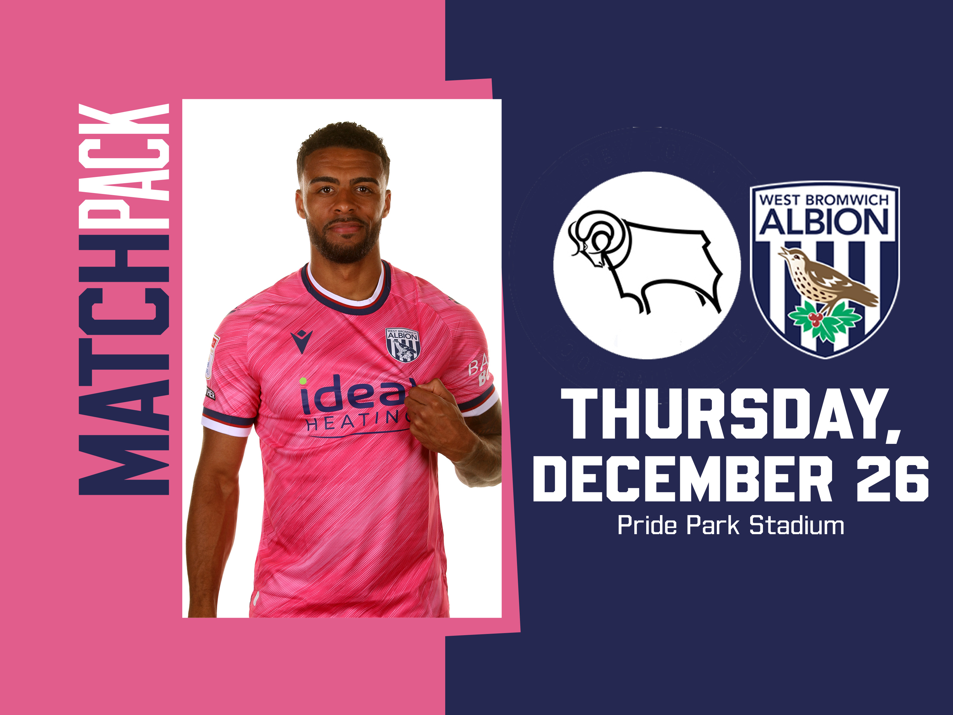 Pink match pack graphic for Derby County with an image of Darnell Furlong wearing the pink kit with Derby & WBA badges on