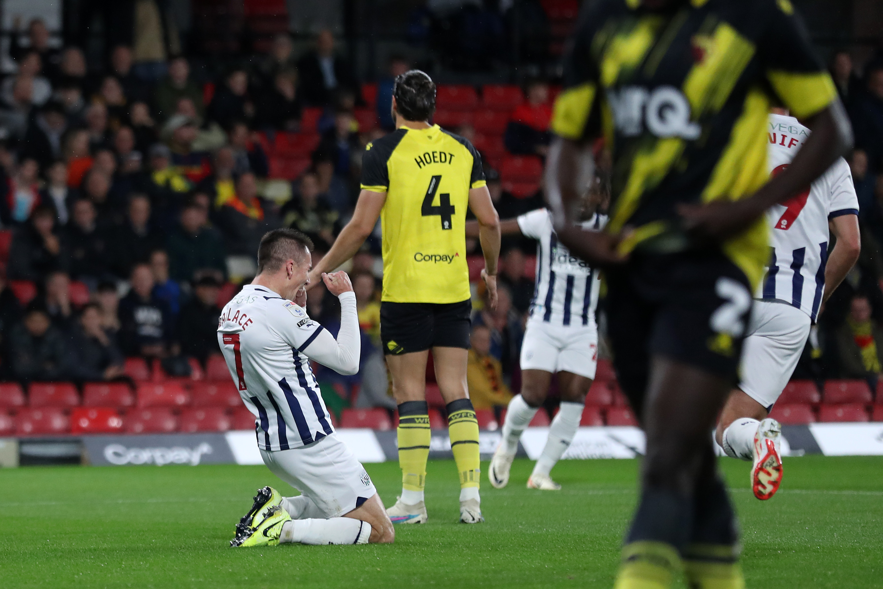 Jed Wallace on his knees celebrating a goal scored against Watford in September 2023