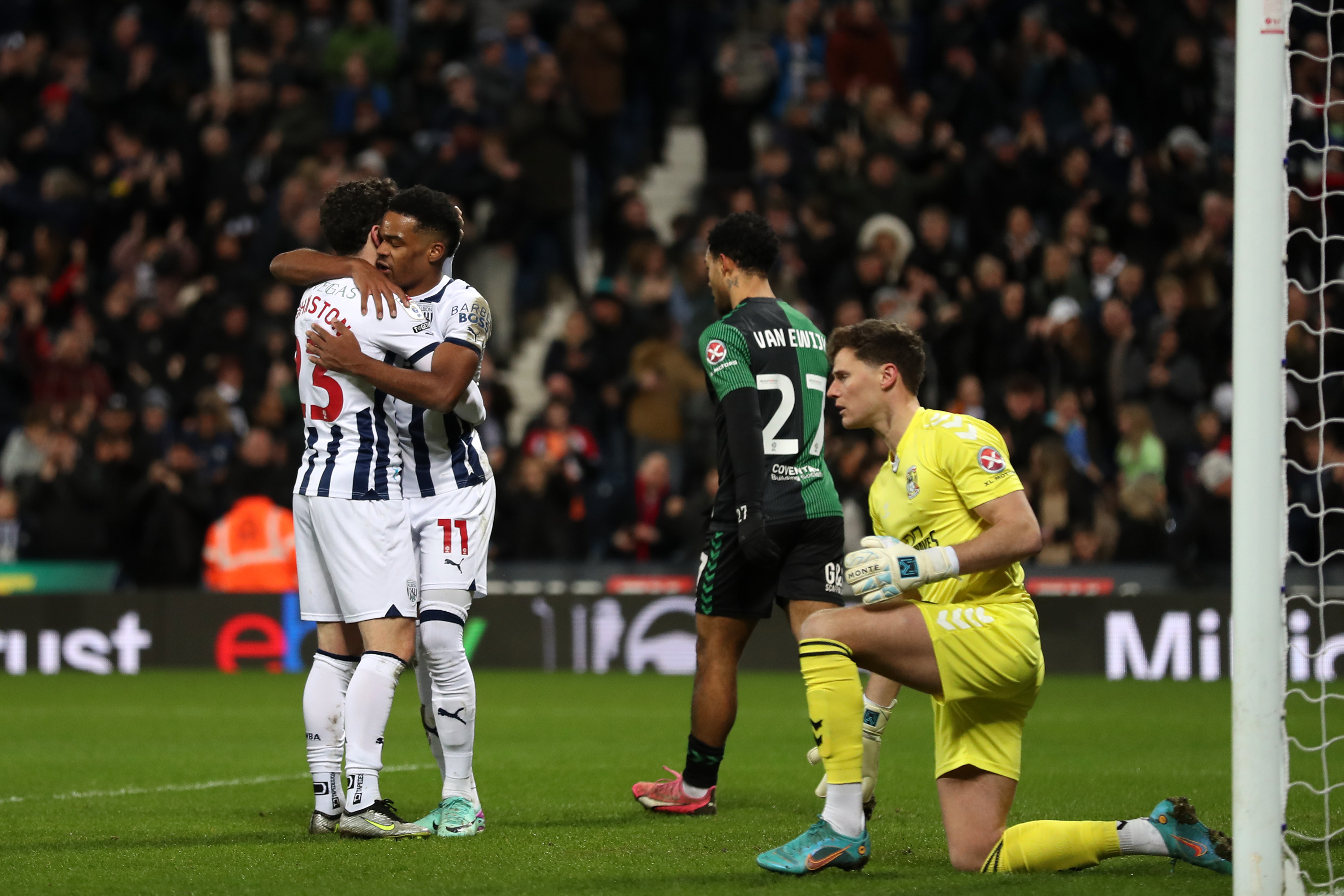 Grady Diangana celebrates with Mikey Johnston after scoring against Coventry in March 2024 