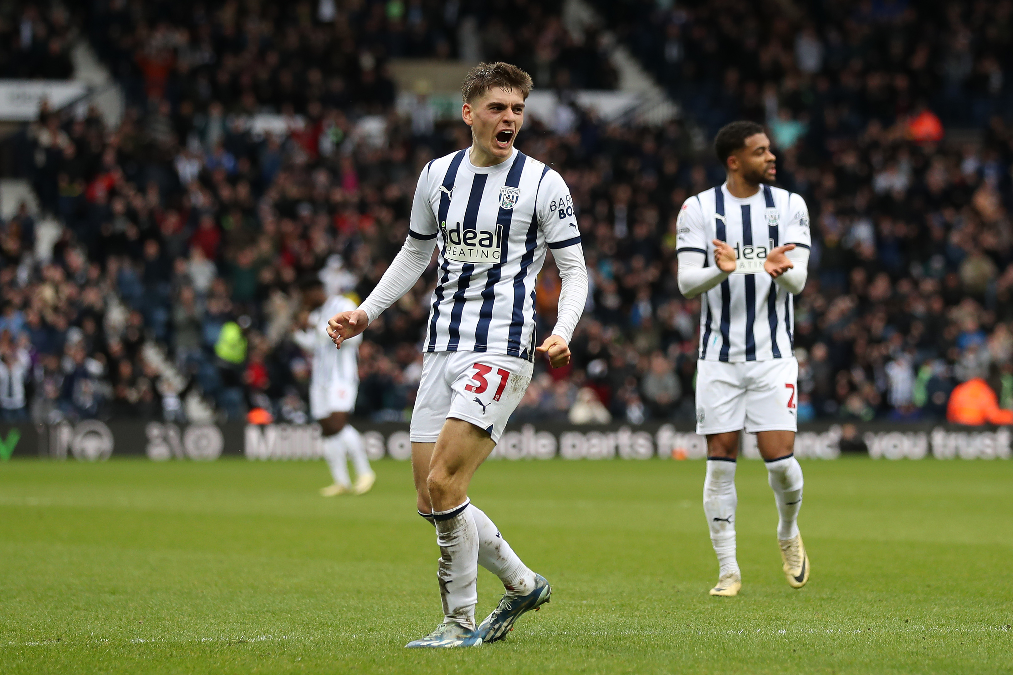 Tom Fellows celebrates scoring against Bristol City at The Hawthorns 