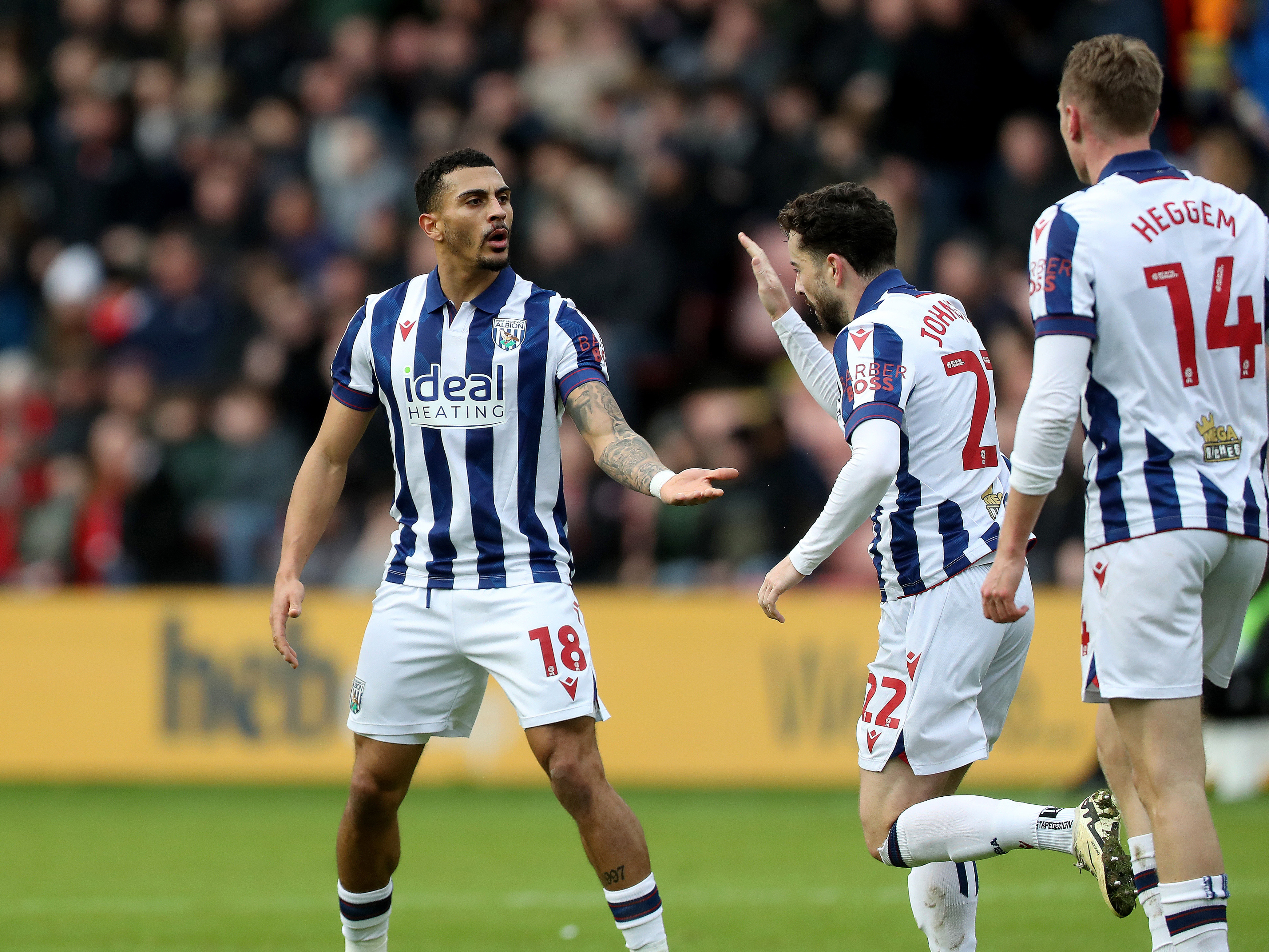 An image of Karlan Grant celebrating his goal against Sheffield United