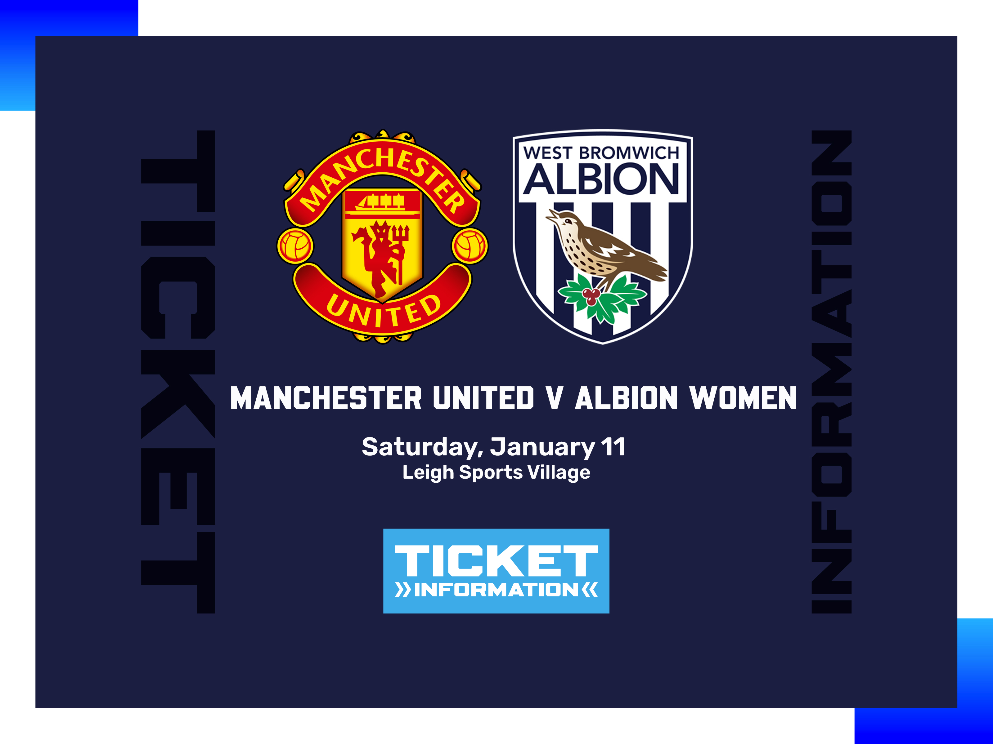 A ticket graphic displaying information for Albion Women's game against Manchester United