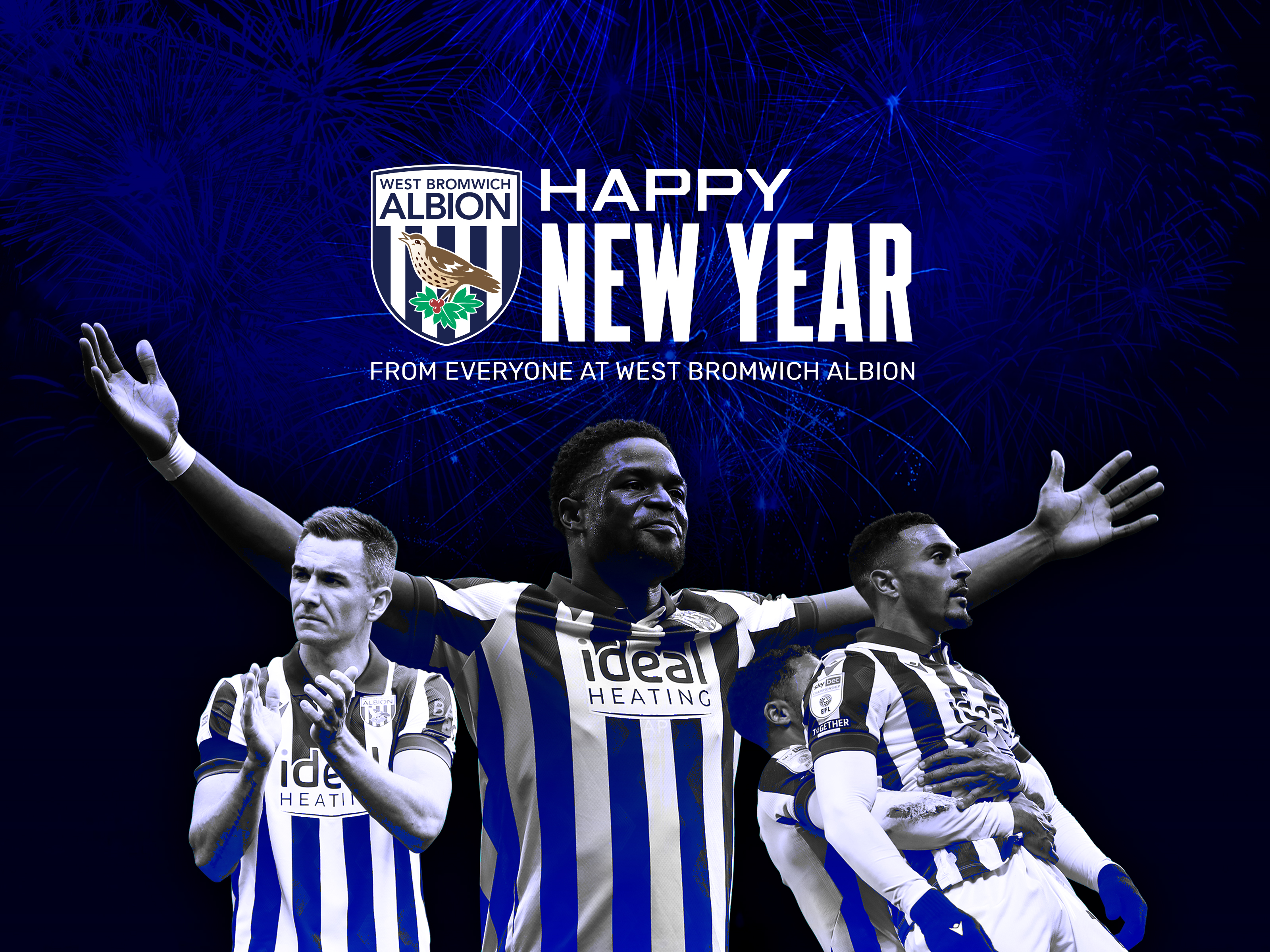 Albion's Happy New Year graphic with image of Jed Wallace, Josh Maja and Karlan Grant on