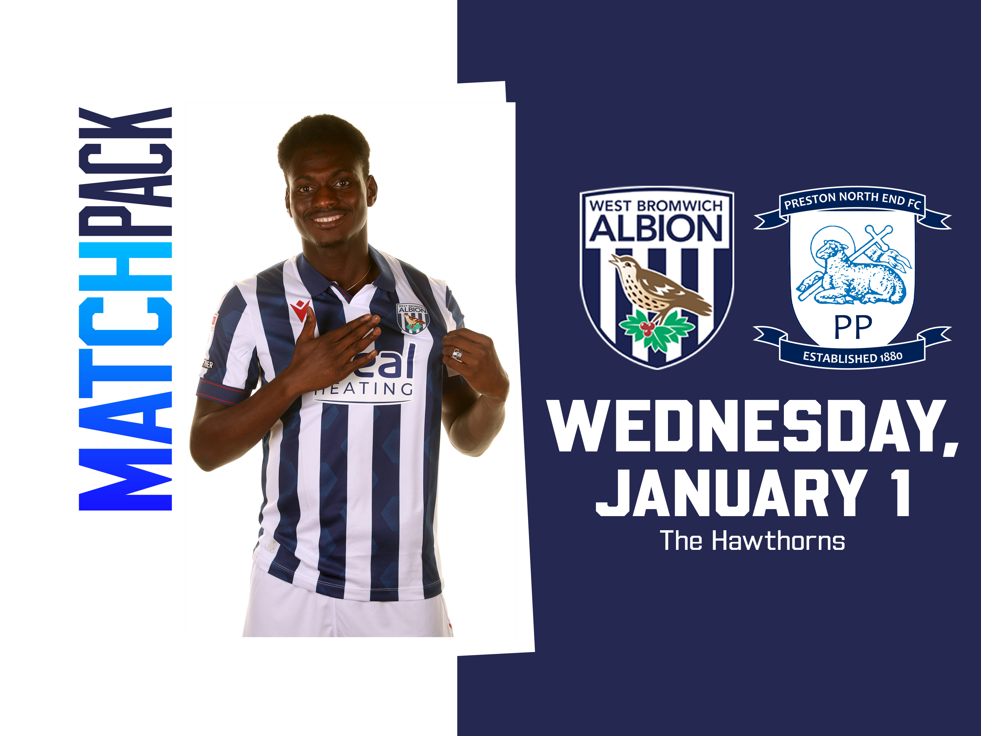 Home match pack graphic with WBA & PNE badges on with an image of Ousmane Diakité in the home kit smiling at the camera 