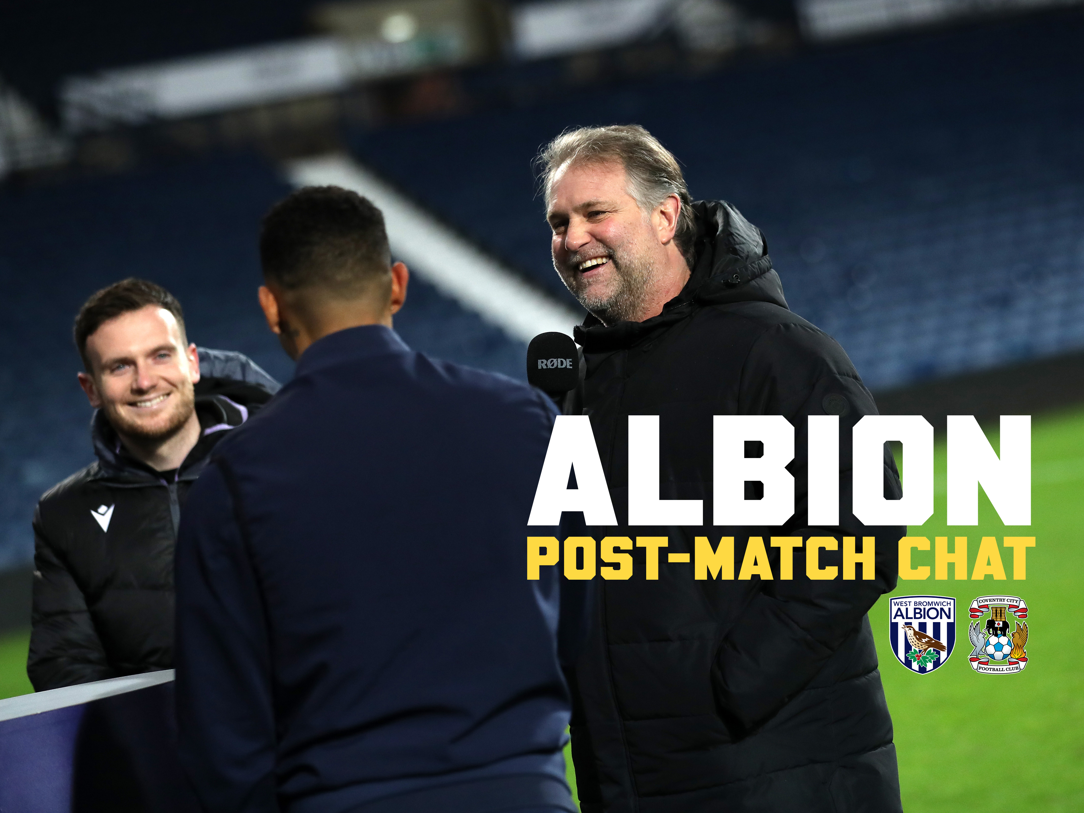 Albion post-match chat graphic with an image of Andy Johnson and Karlan Grant 