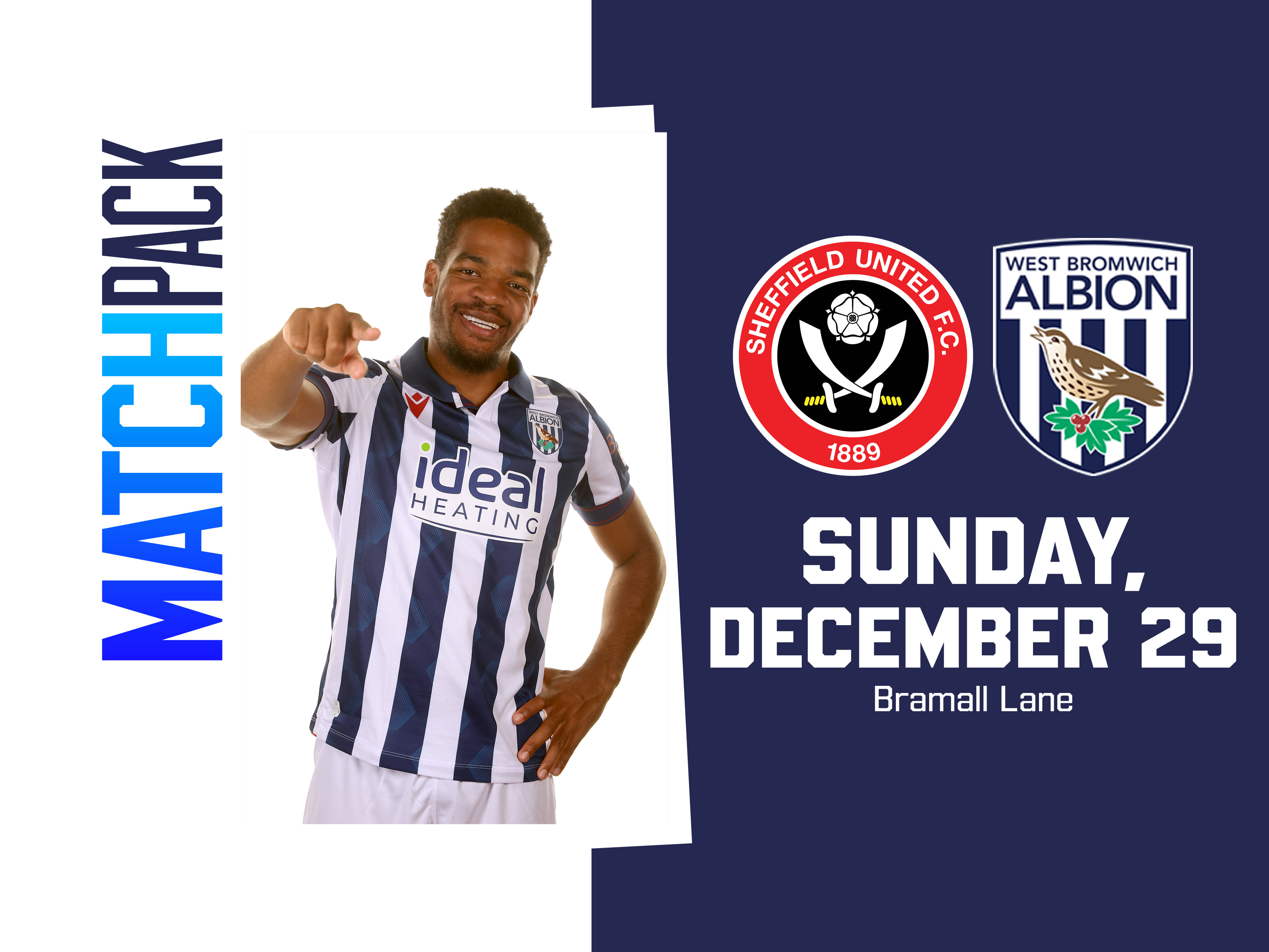 Home colours match pack graphic with WBA & Sheffield United badges on with an image of Grady Diangana in the home kit smiling and pointing at the camera 