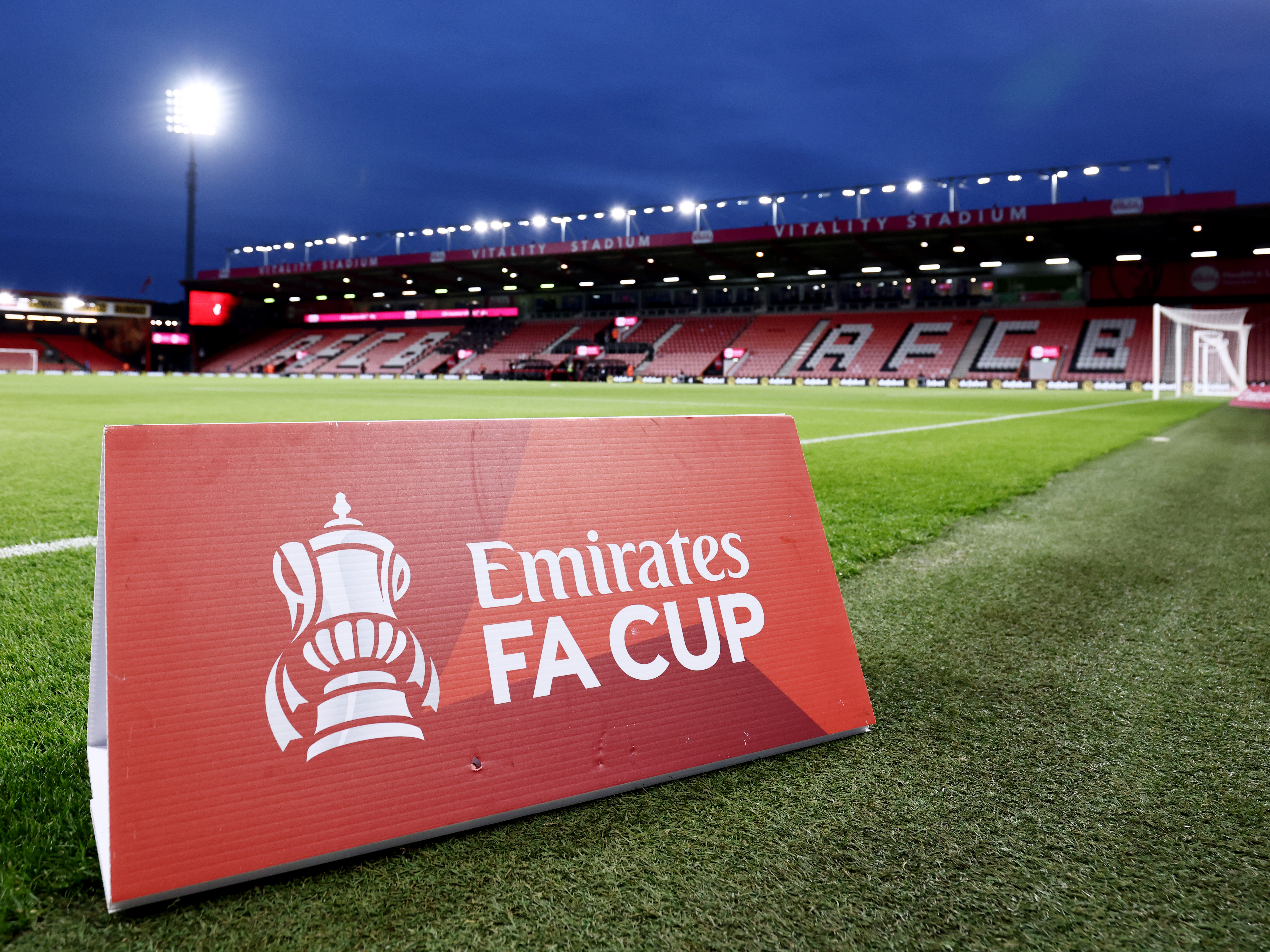 A general view of the Vitality Stadium with Emirates FA Cup branding on a board on the floor 