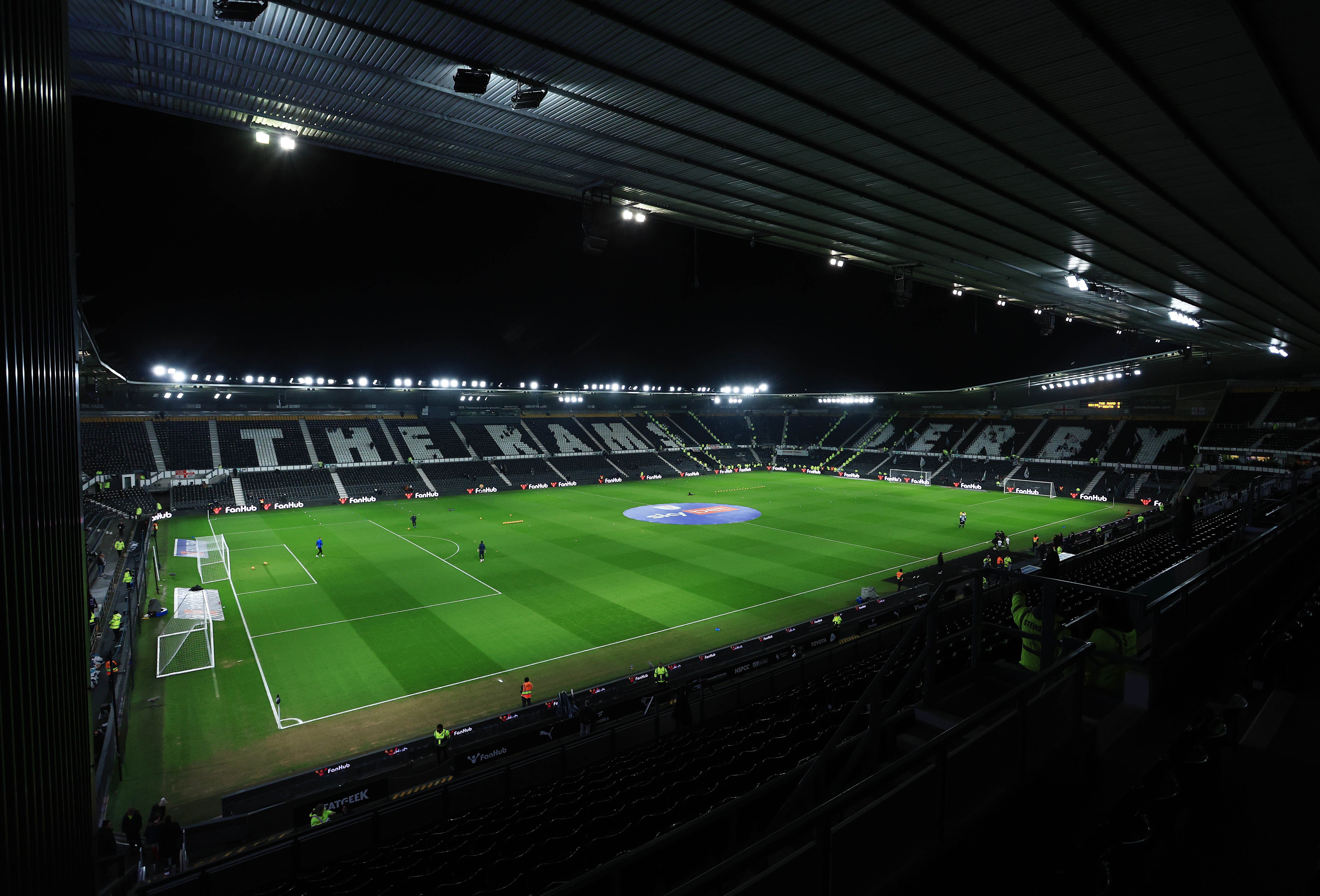 A general view of Derby County's Pride Park Stadium at night 