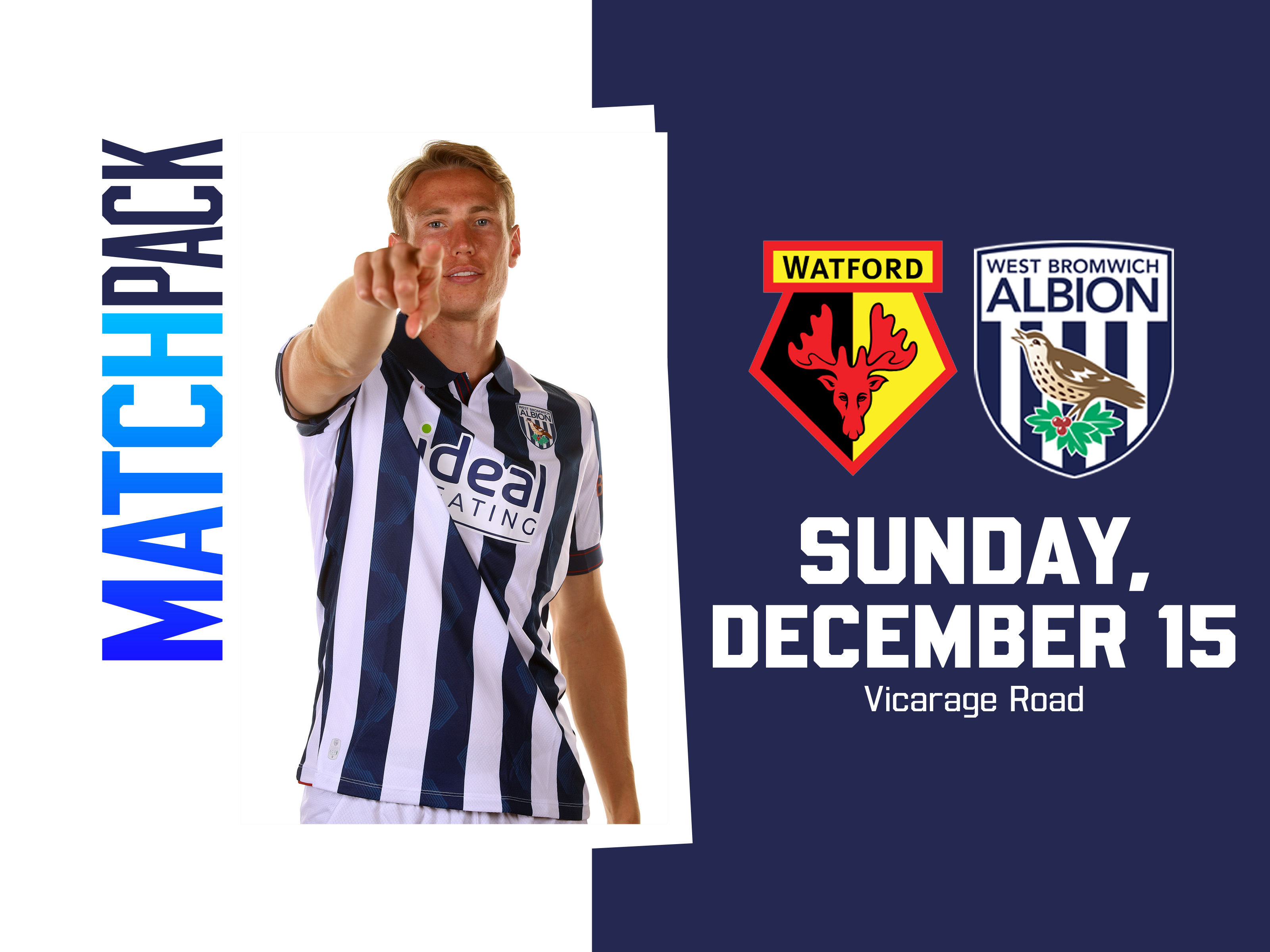 Home colour match pack graphic with WBA & Watford badges on with an image of Torbjørn Heggem in the home kit pointing at the camera 