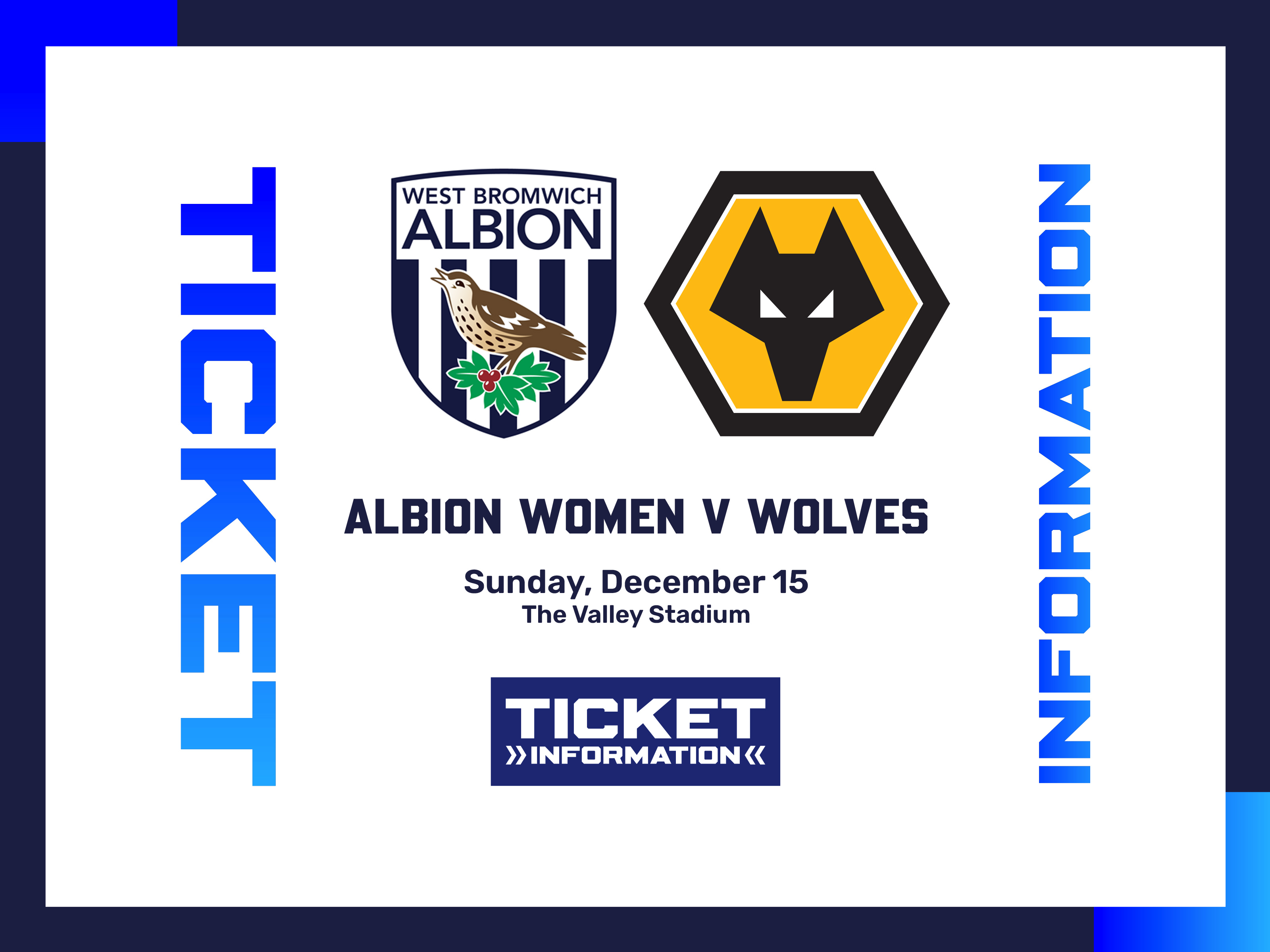 A ticket graphic displaying information for Albion Women's game against Wolves