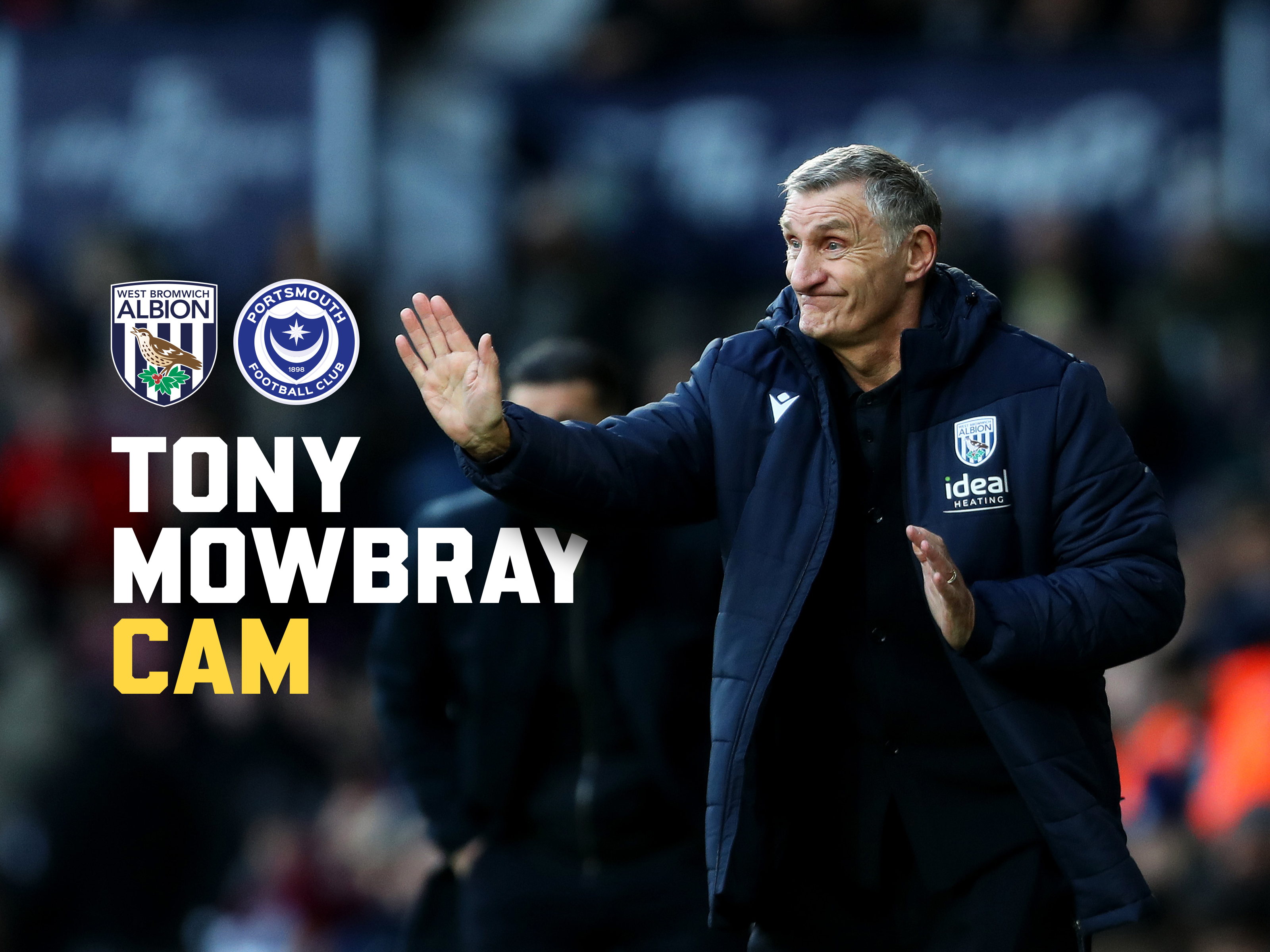 A graphic of Tony Mowbray with the badges of Albion and Portsmouth