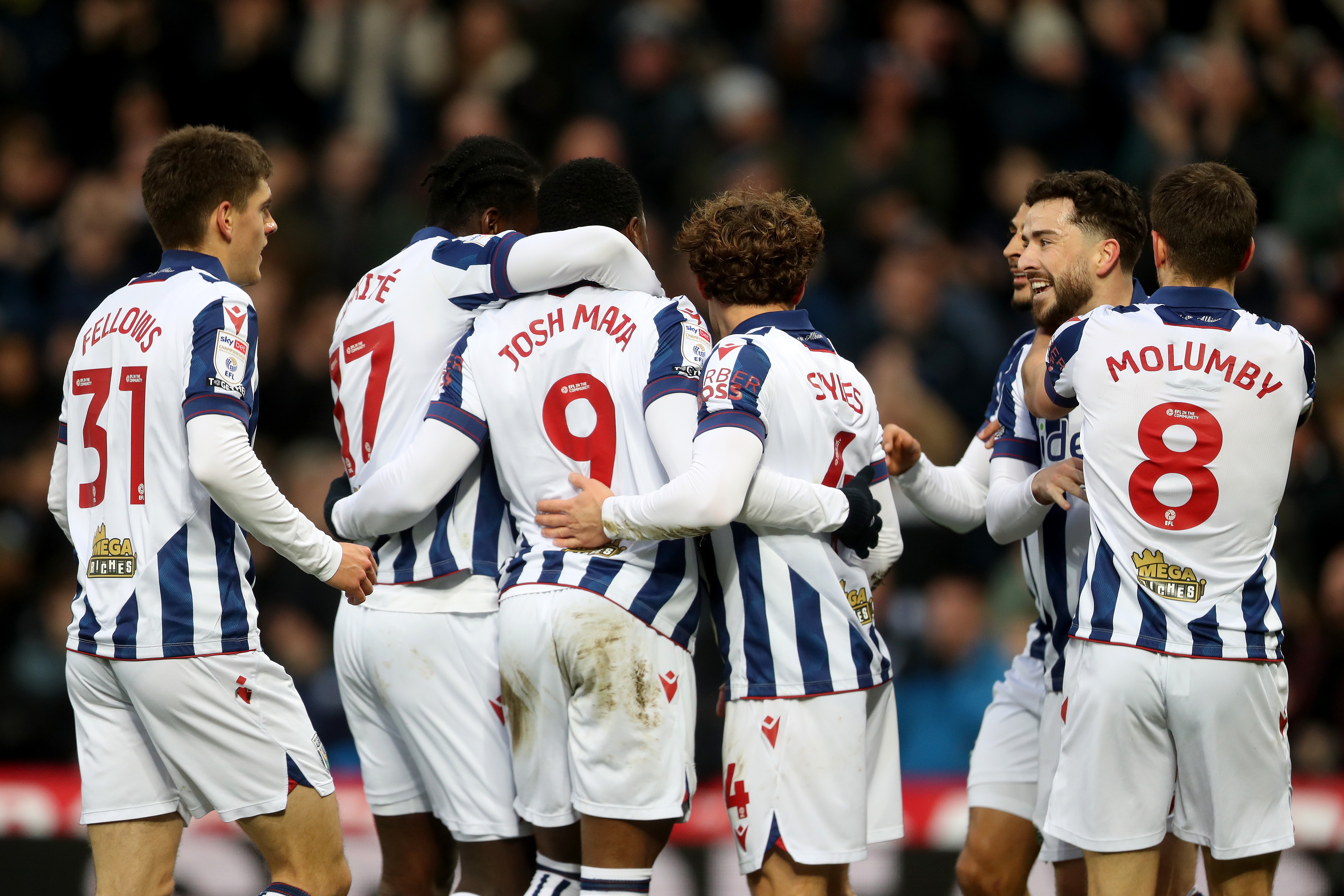 Josh Maja celebrates scoring against Preston with team-mates