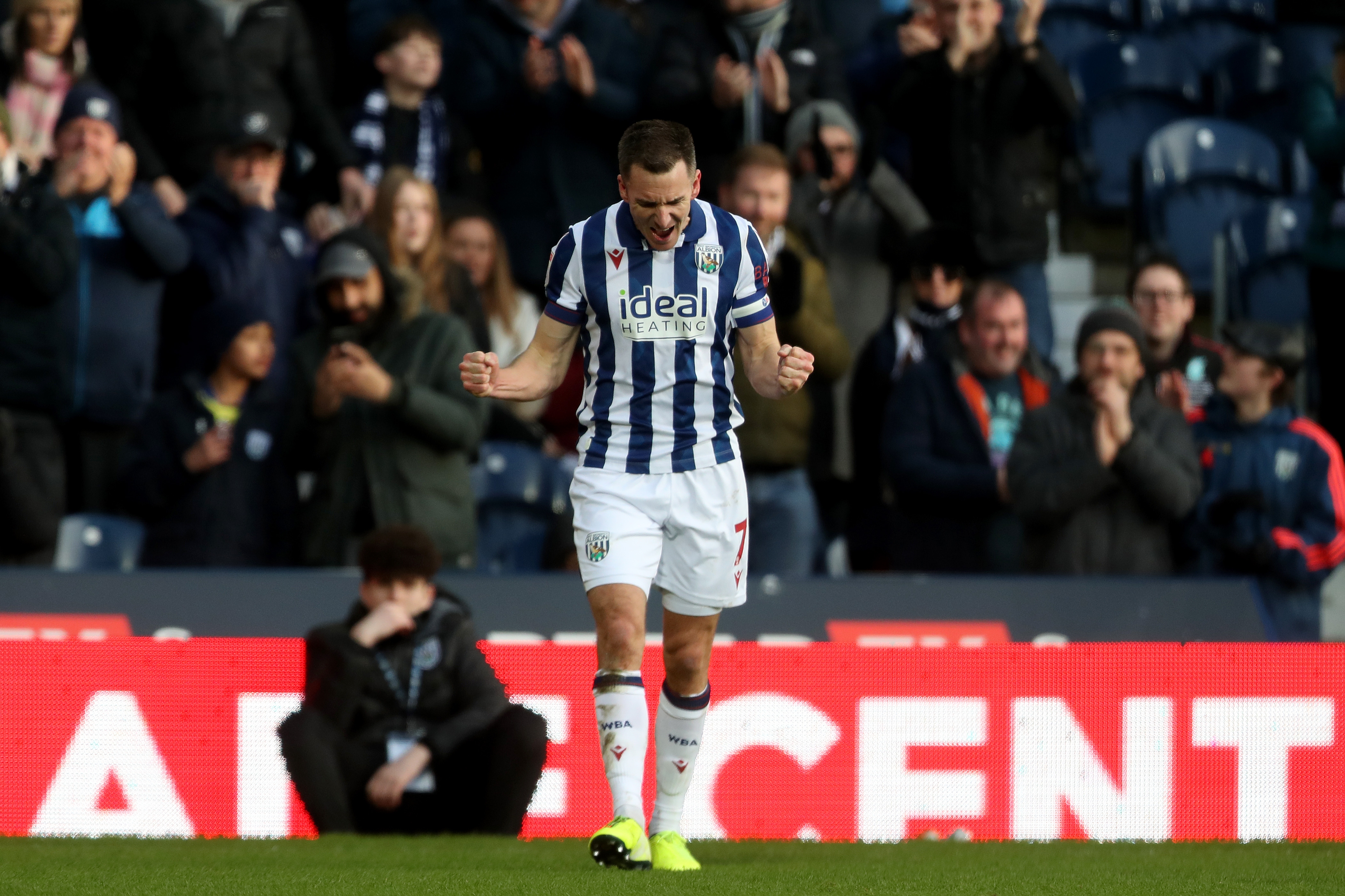 Jed Wallace celebrates scoring against Portsmouth at The Hawthorns 