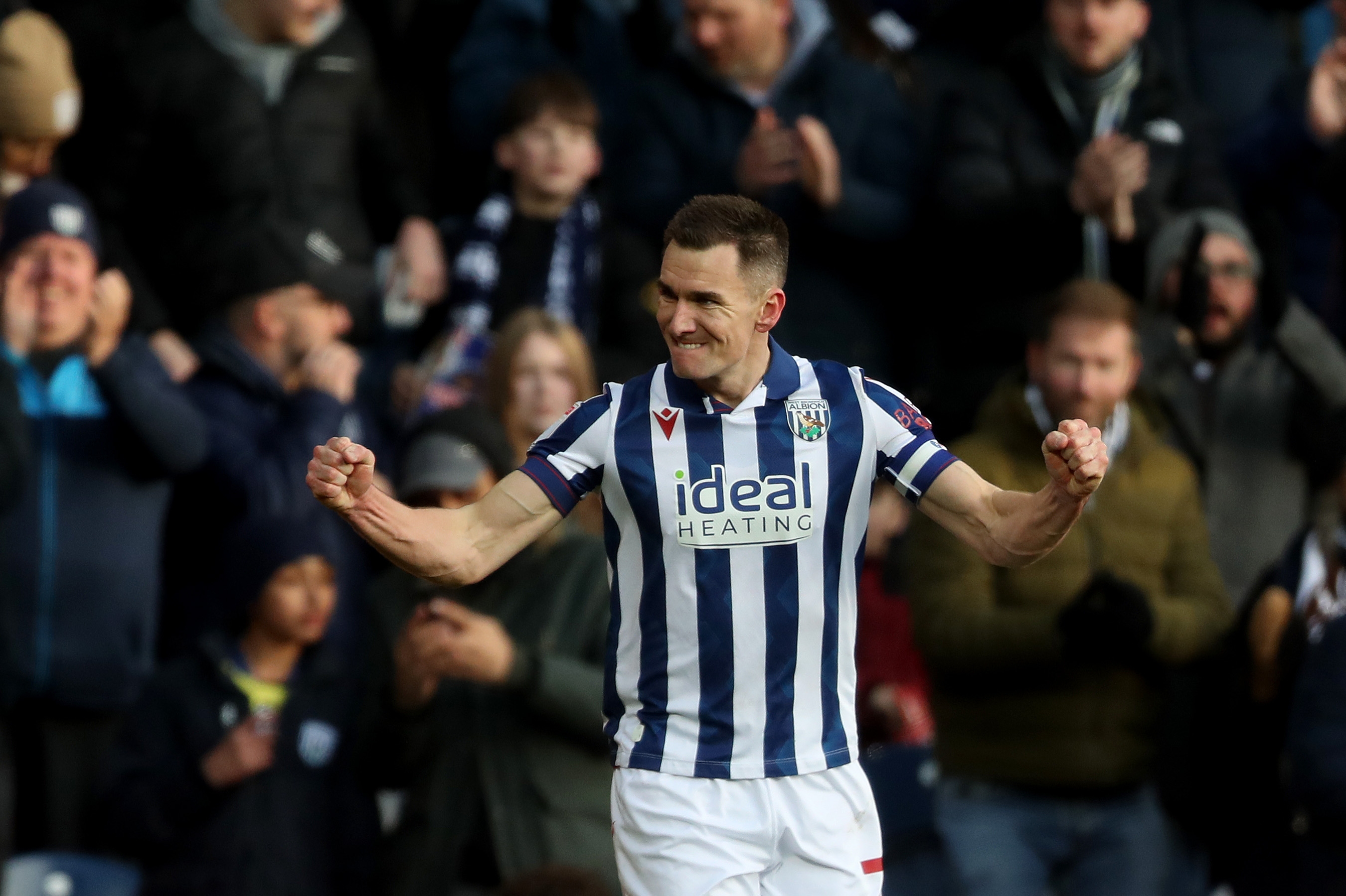 Jed Wallace celebrates scoring against Portsmouth at The Hawthorns 