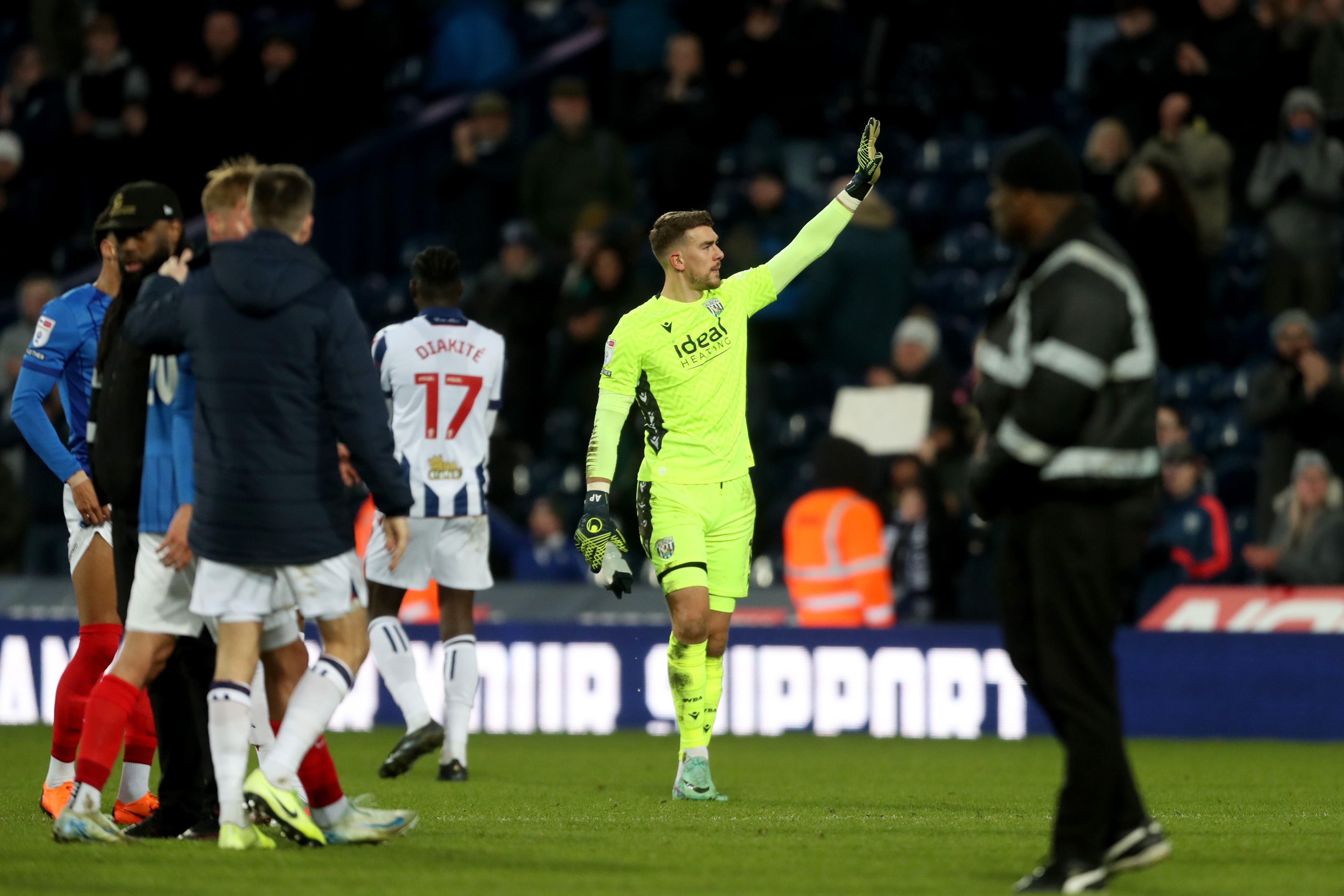 Alex Palmer applauding Albion fans after beating Portsmouth