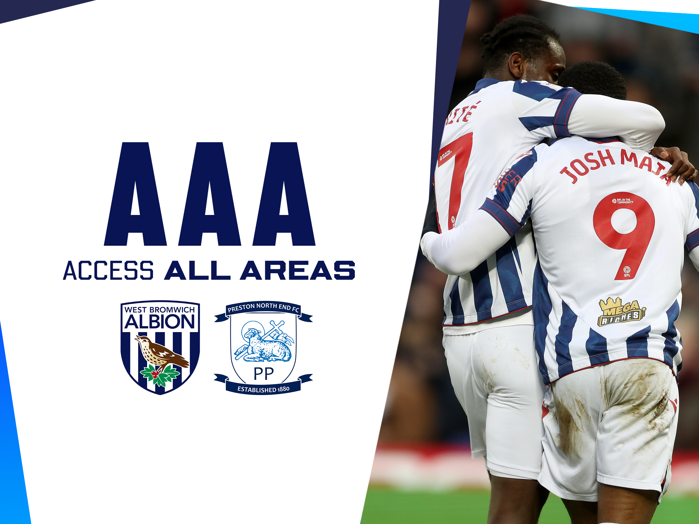 An AAA graphic showing the badges of Preston and Albion, and an action photo of Ousmane Diakité and Josh Maja embracing