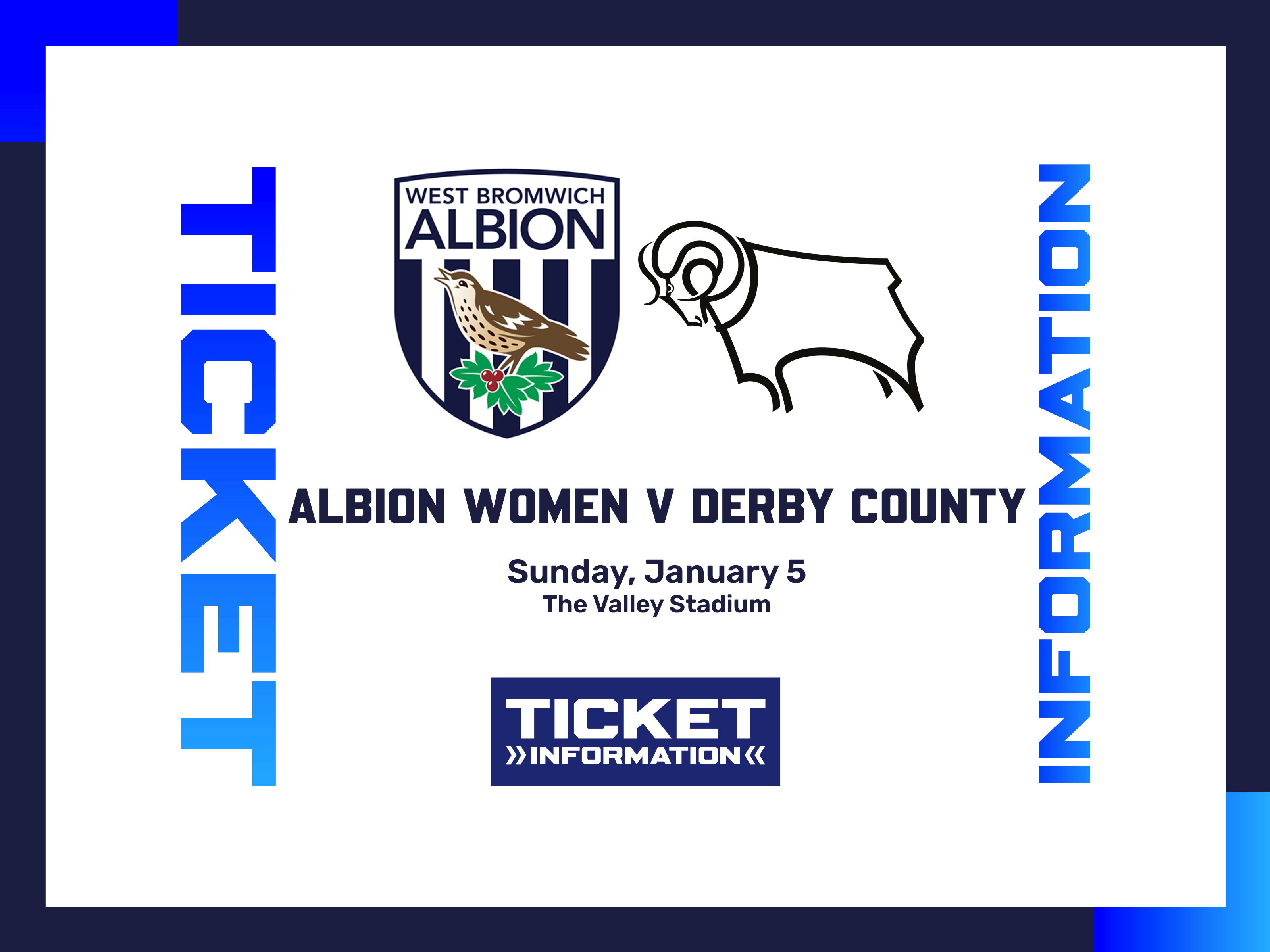 A ticket graphic displaying information for Albion Women's game against Derby