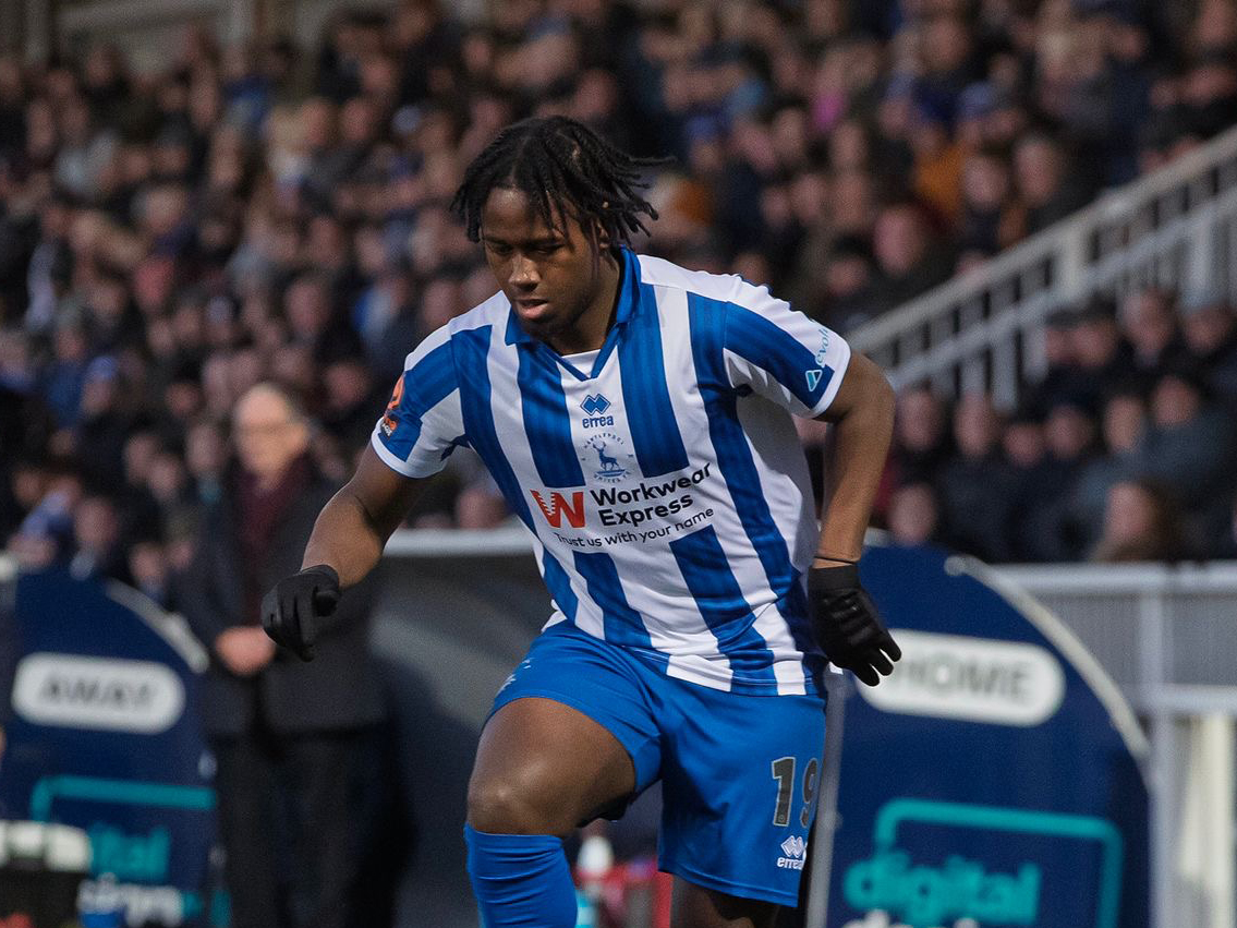 Reyes Cleary in action for Hartlepool United in their home kit 