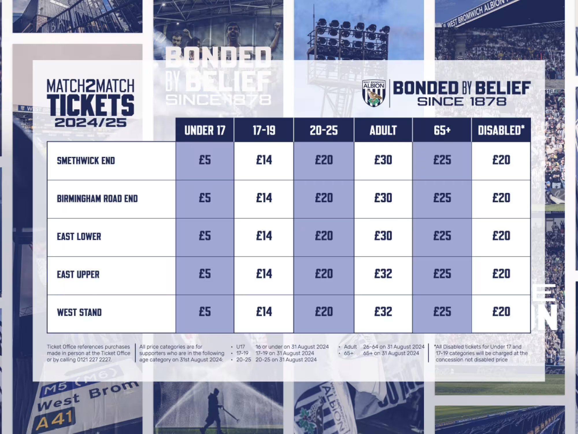 A table with ticket prices for Albion's home games in the 2024/25 season