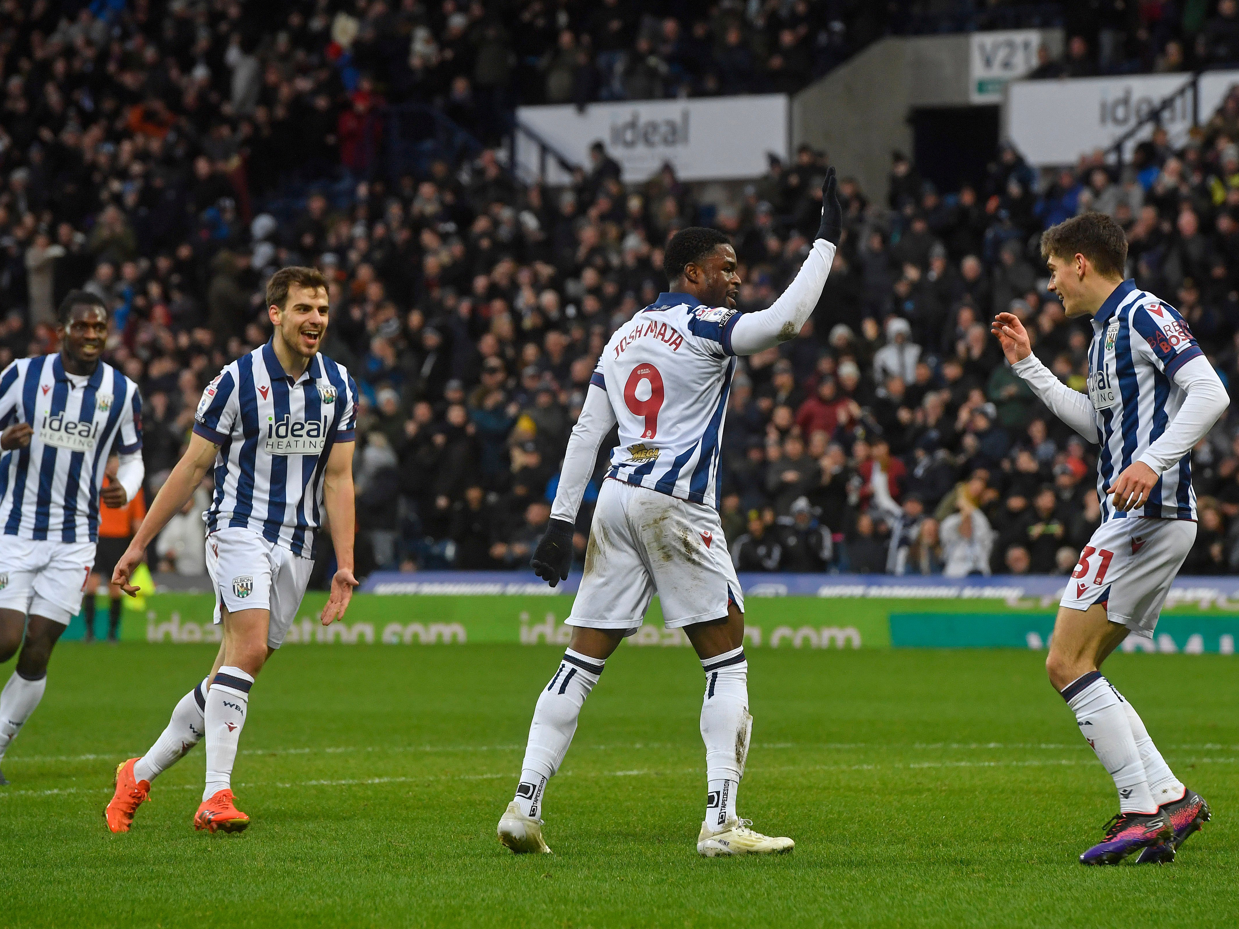 An image of Josh Maja and his teammates celebrating a goal against Preston