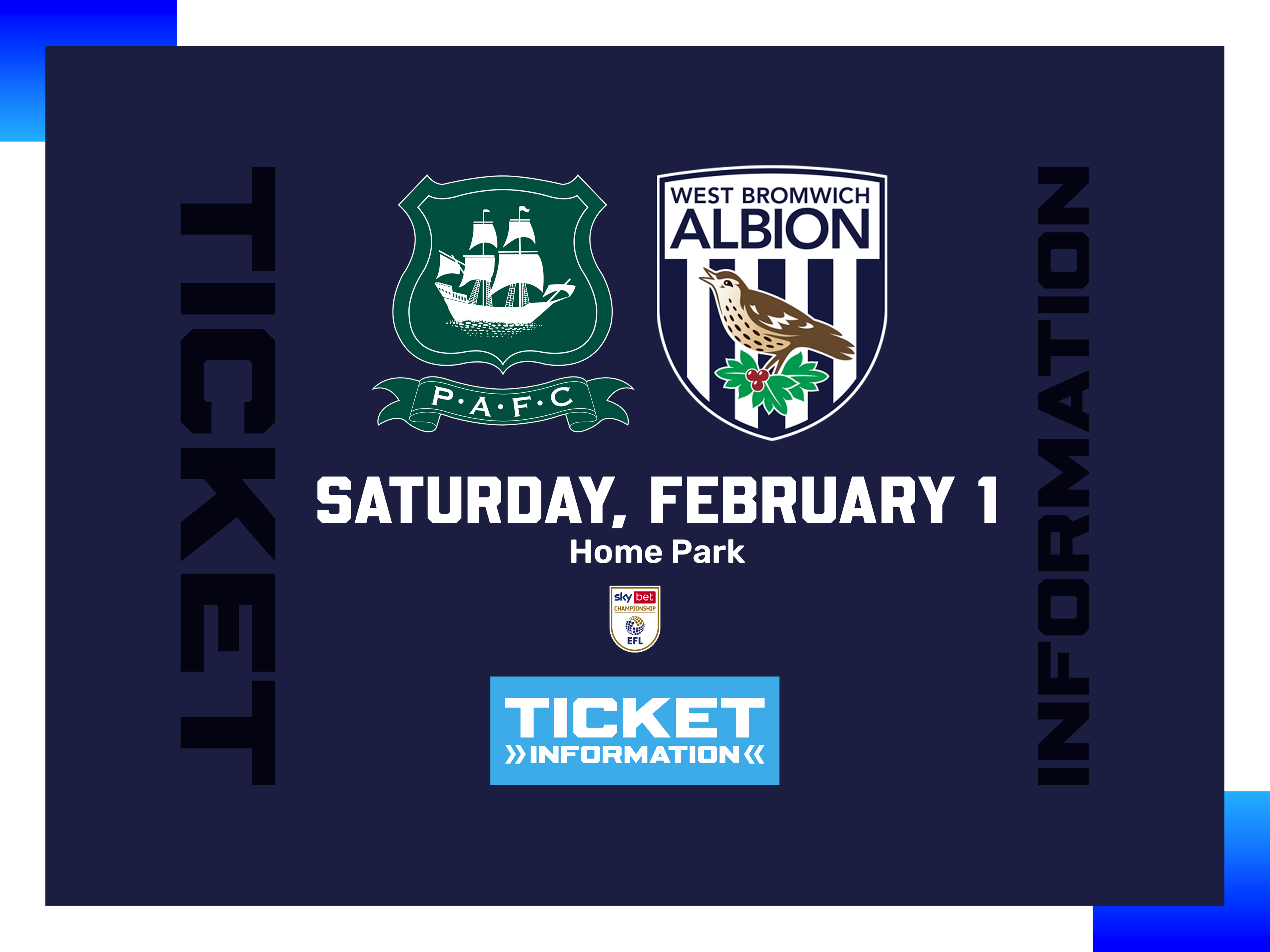 A ticket graphic displaying information for Albion's away game against Plymouth