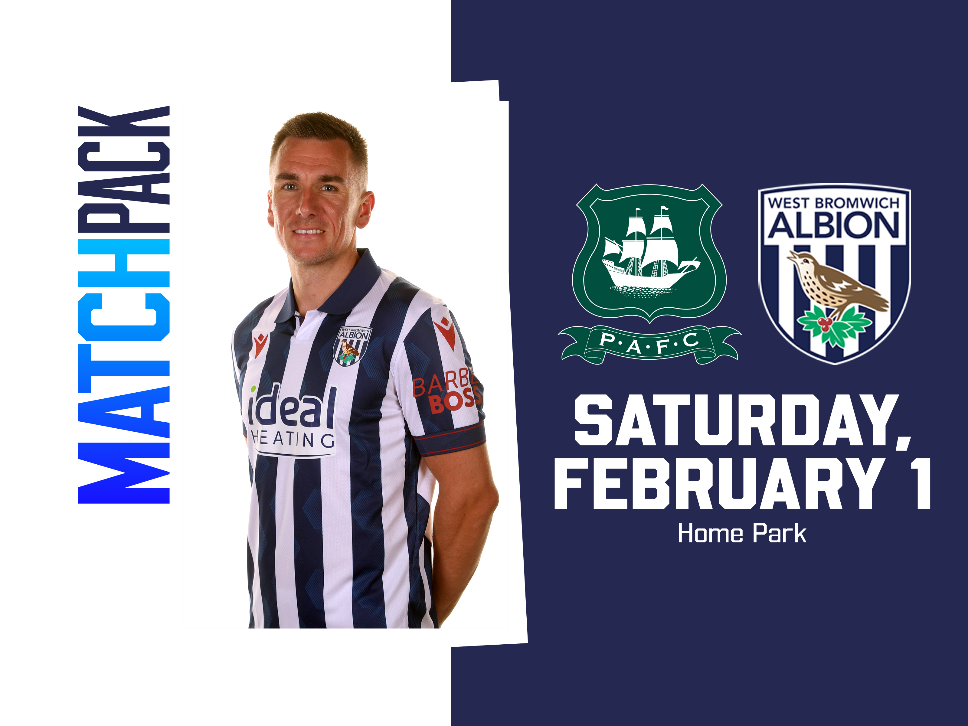 Home colours match pack graphic for Plymouth v Albion with both club badges on and a picture of Jed Wallace posing for a photo while smiling at the camera in the home kit 