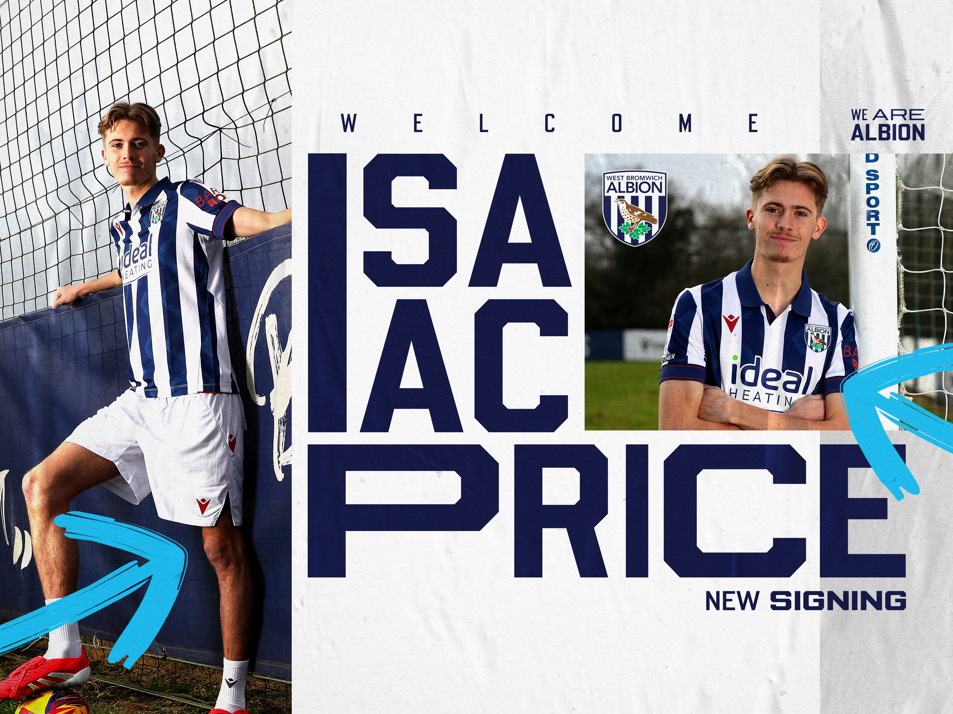 Isaac price's new signing graphics with two images on of him smiling at the camera in an Albion home shirt 