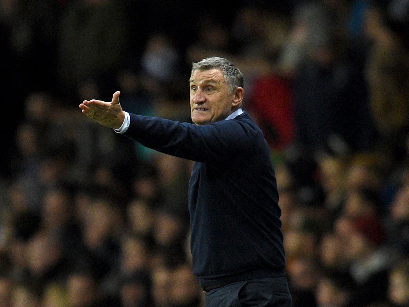 Tony Mowbray on the side of a pitch pointing forward