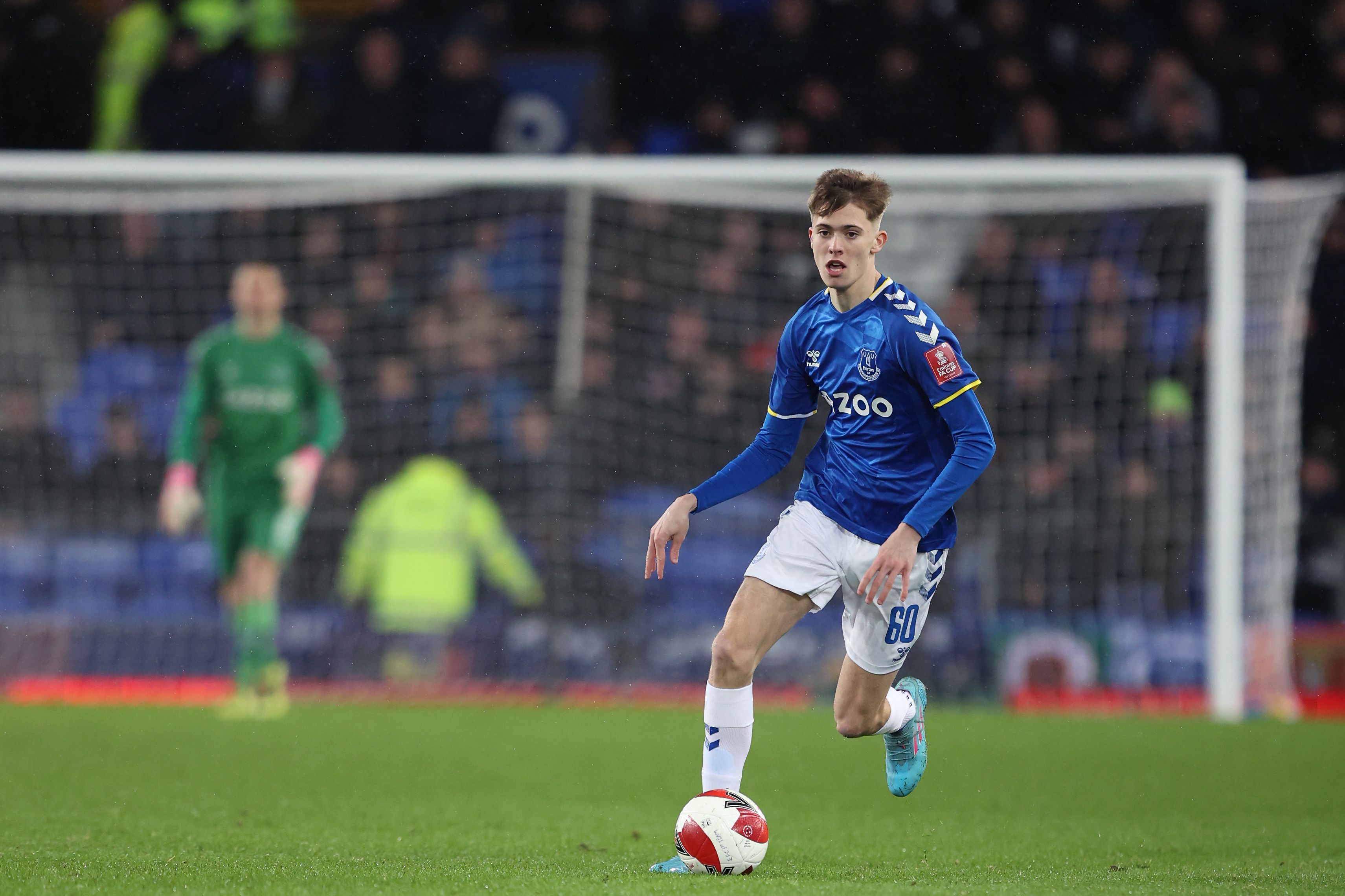 Isaac Price in action for Everton in their home kit on his senior debut 