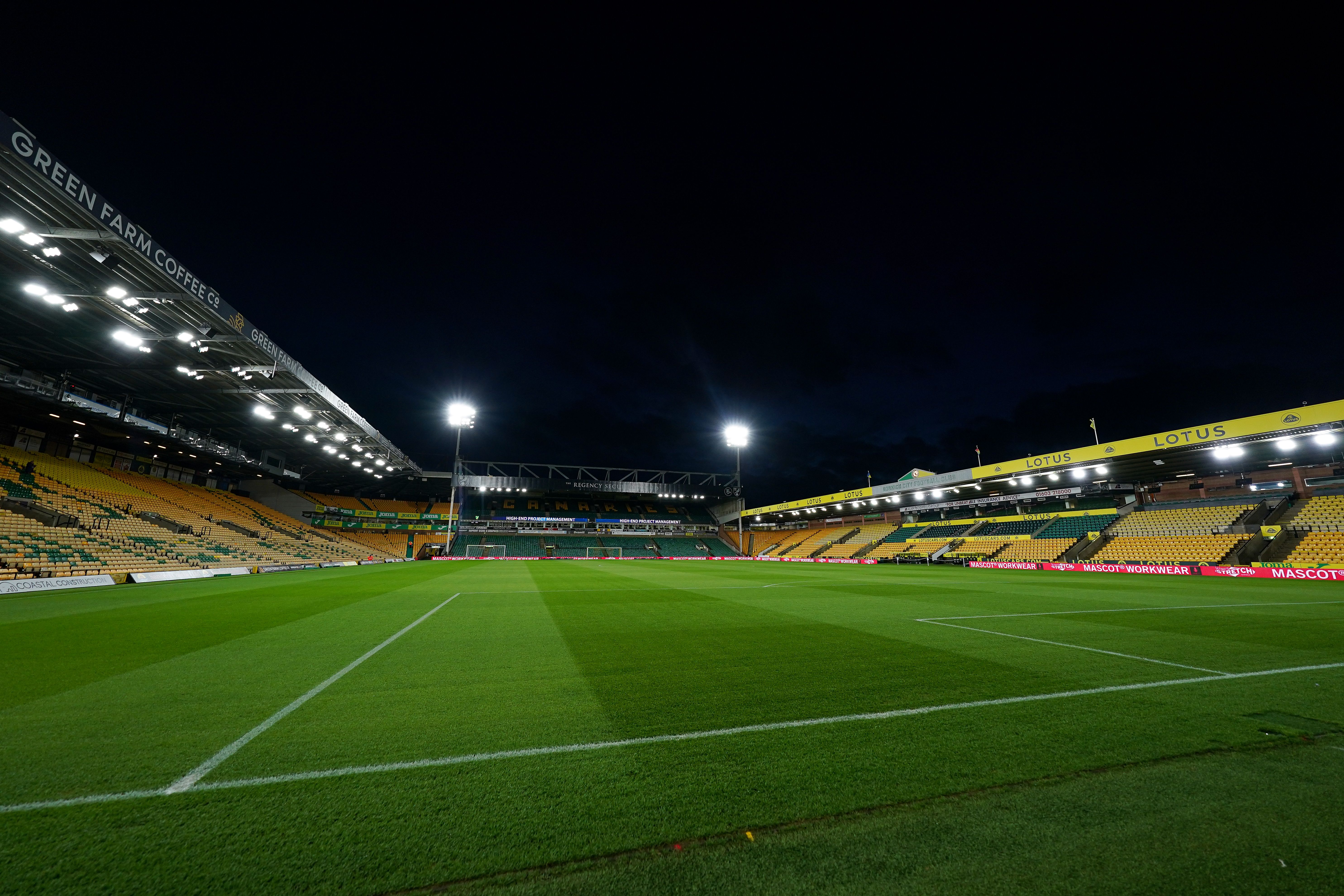 A general view at night of Norwich City's Carrow Road 