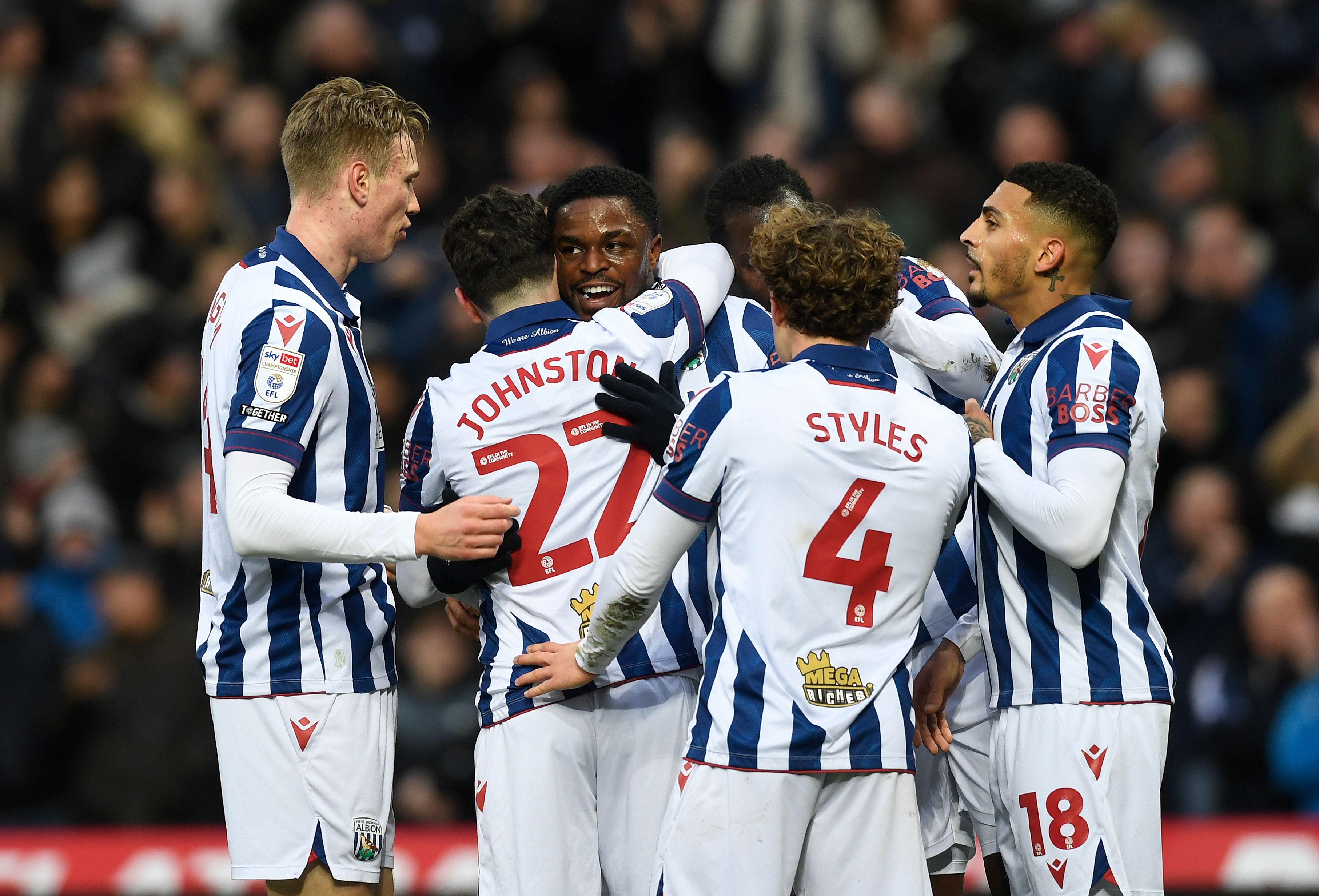 Josh Maja celebrates scoring against Preston with team-mates