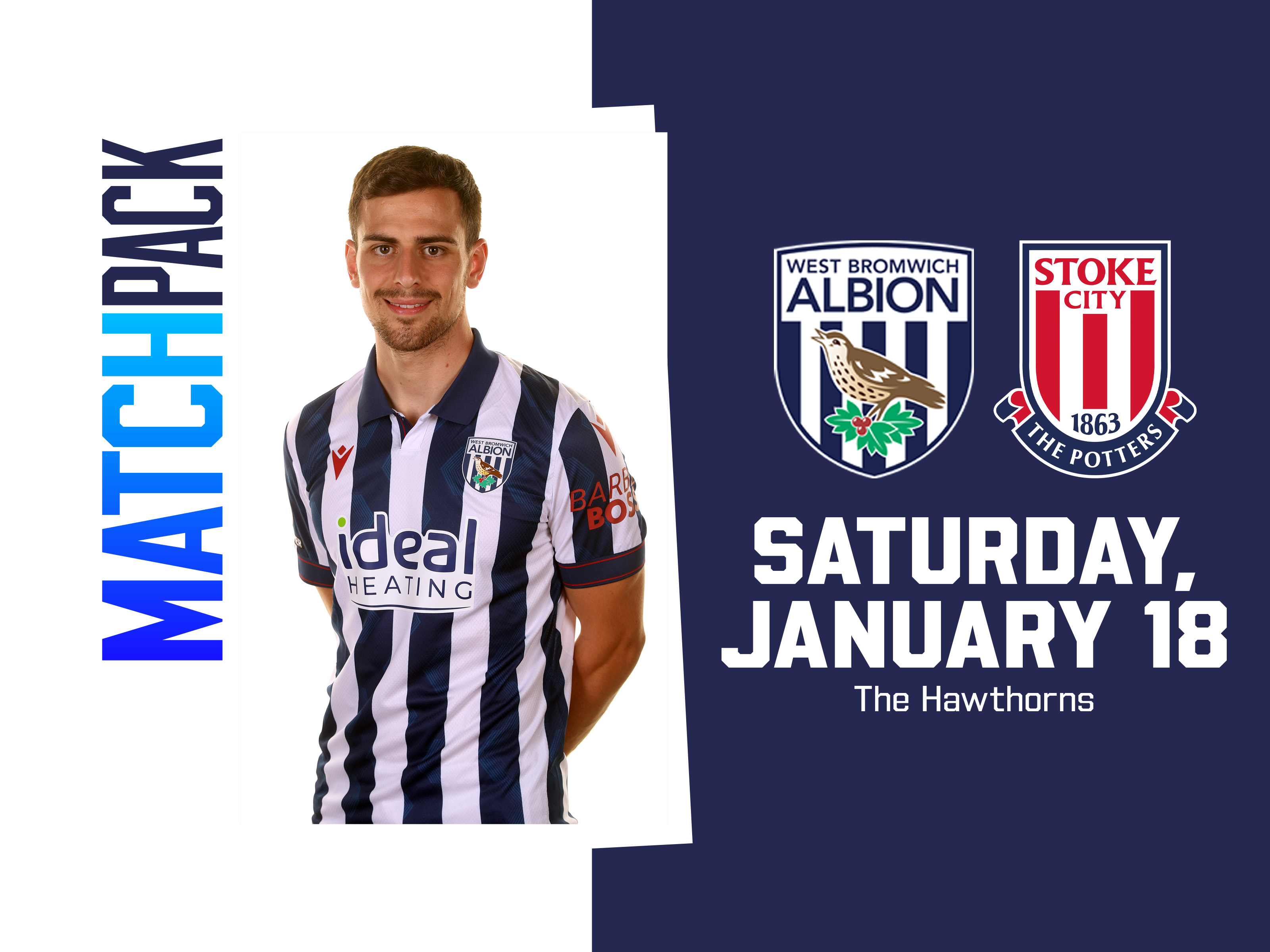 Home colours match pack graphic for Albion v Stoke with both club badges on and a picture of Jayson Molumby posing for a photo while smiling at the camera in the home kit 