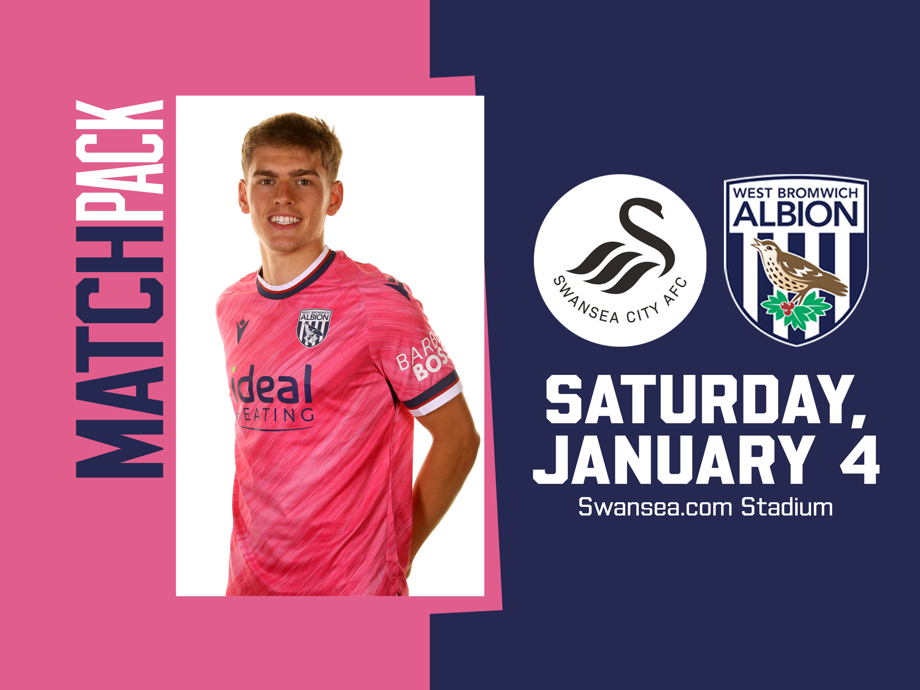 Pink match pack graphic for Swansea City with an image of Tom Fellows wearing the pink kit with Swansea & WBA badges on