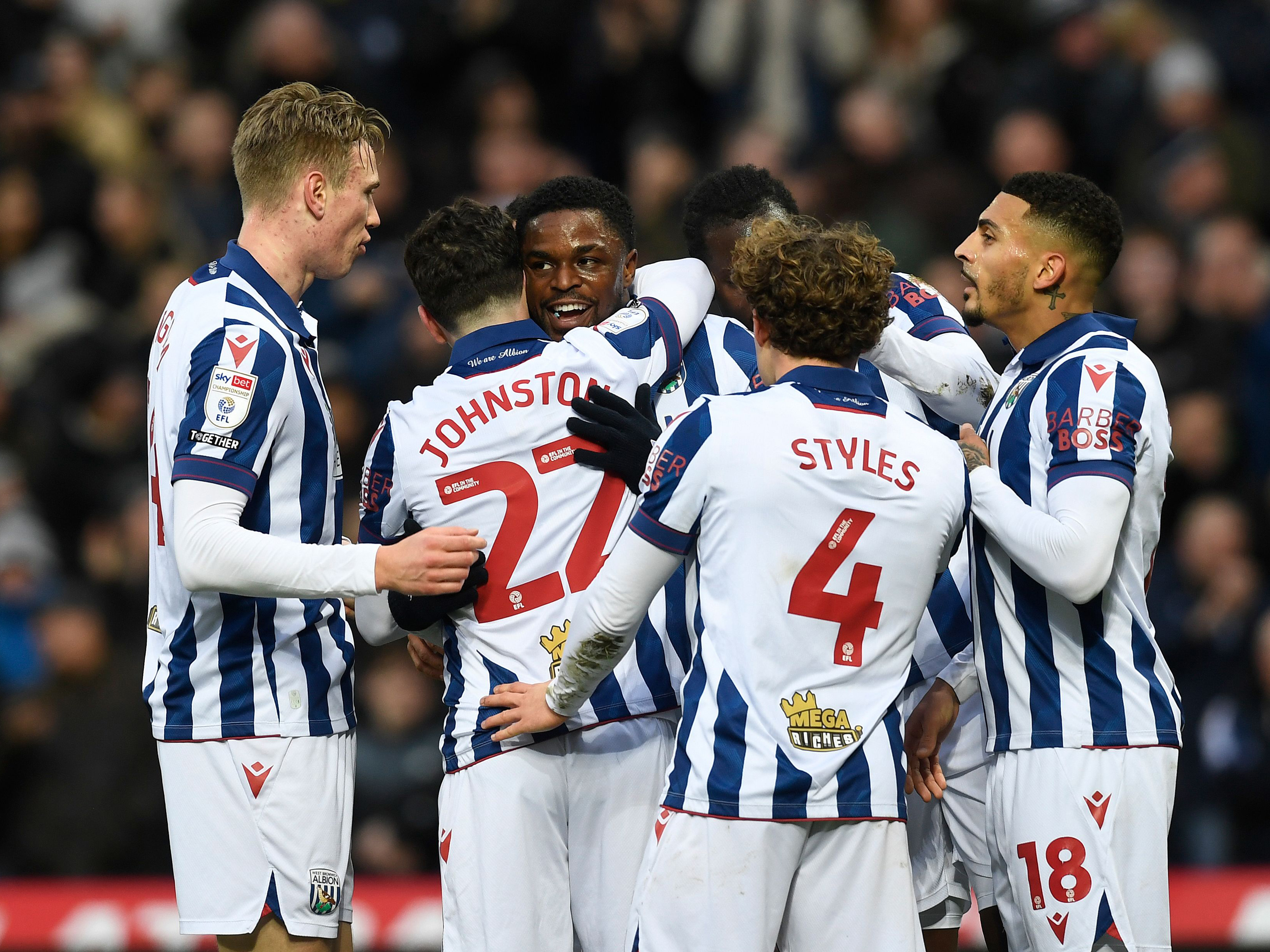 An image of Josh Maja and his teammates celebrating a goal against Preston