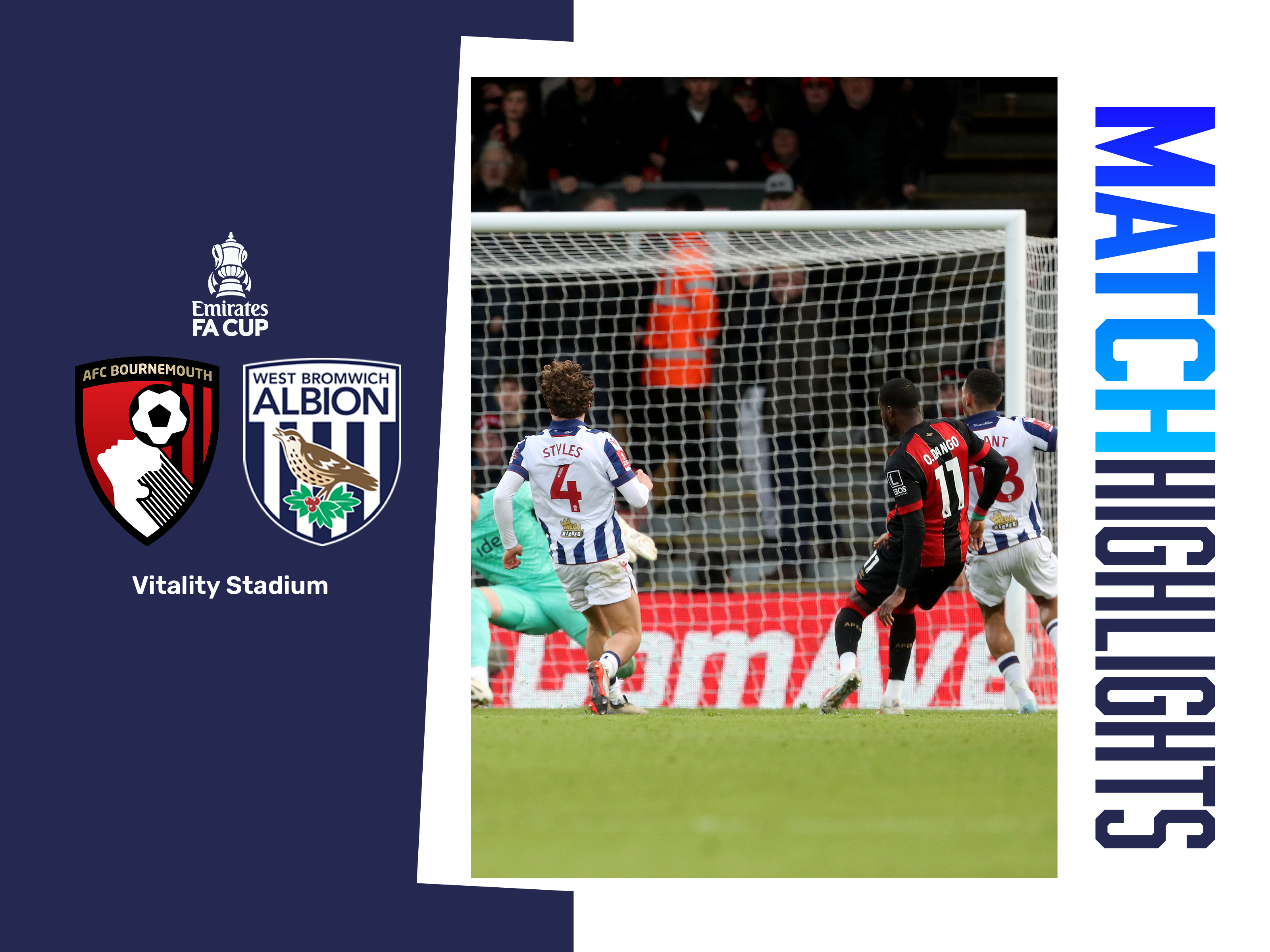 A match highlights graphic showing the crests of Bournemouth and Albion, with an action shot of Callum Styles and a Bournemouth attacker