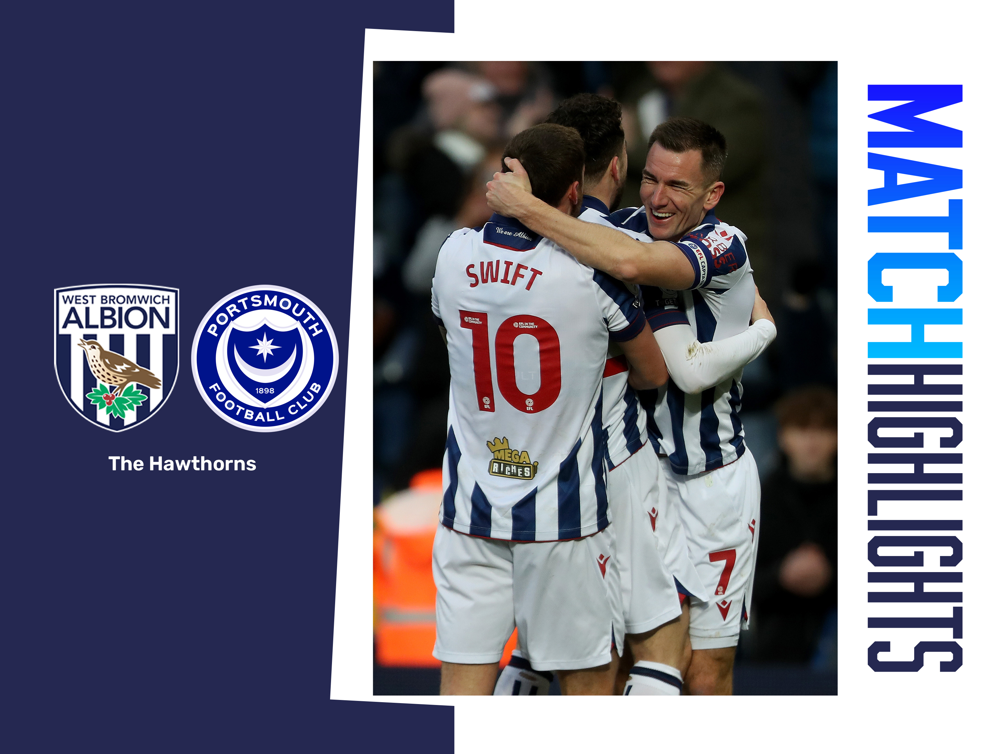 A match highlights graphic, showing the crests of Albion and Portsmouth, and an action shot of Jed Wallace celebrating