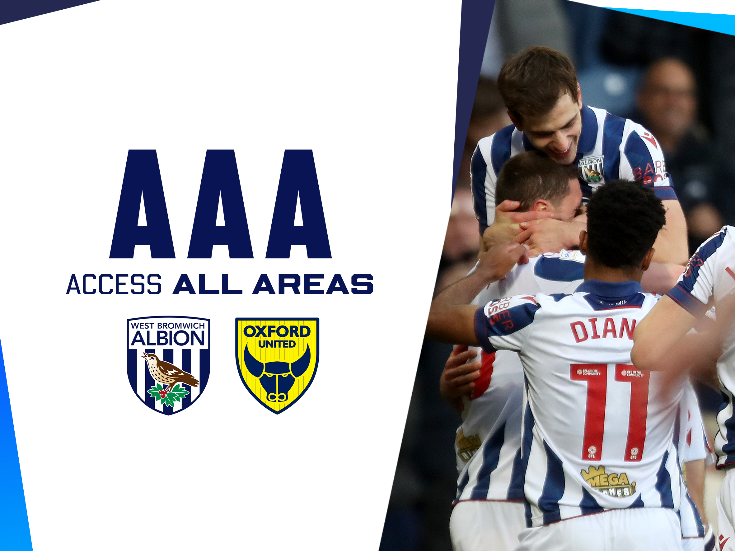 An AAA match day graphic, showing the badges of Albion and Oxford, with a celebration photo of Albion players in the 2024/25 home kit 