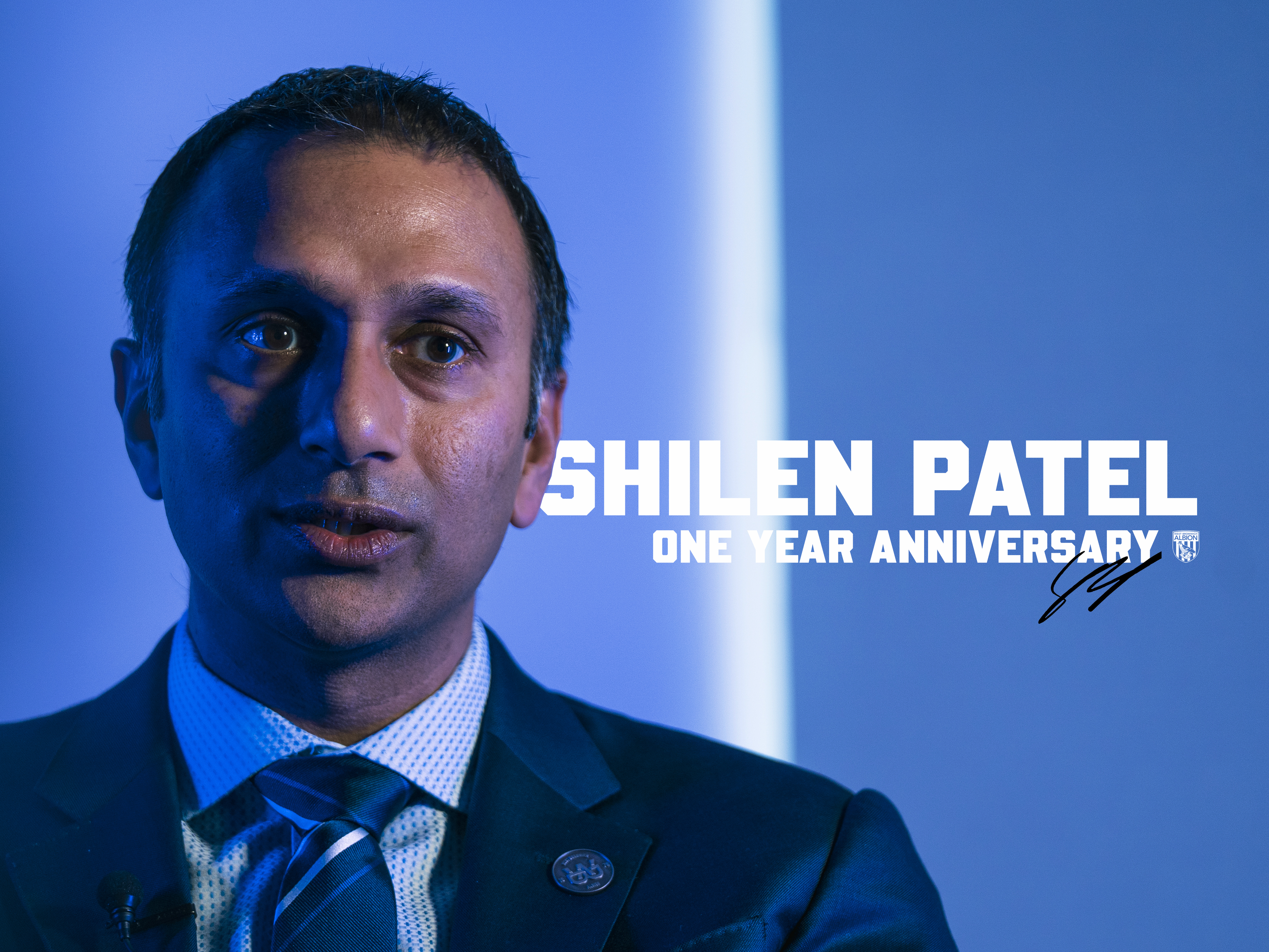 Shilen Patel's one-year anniversary interview graphic with an image of him mid-conversation 