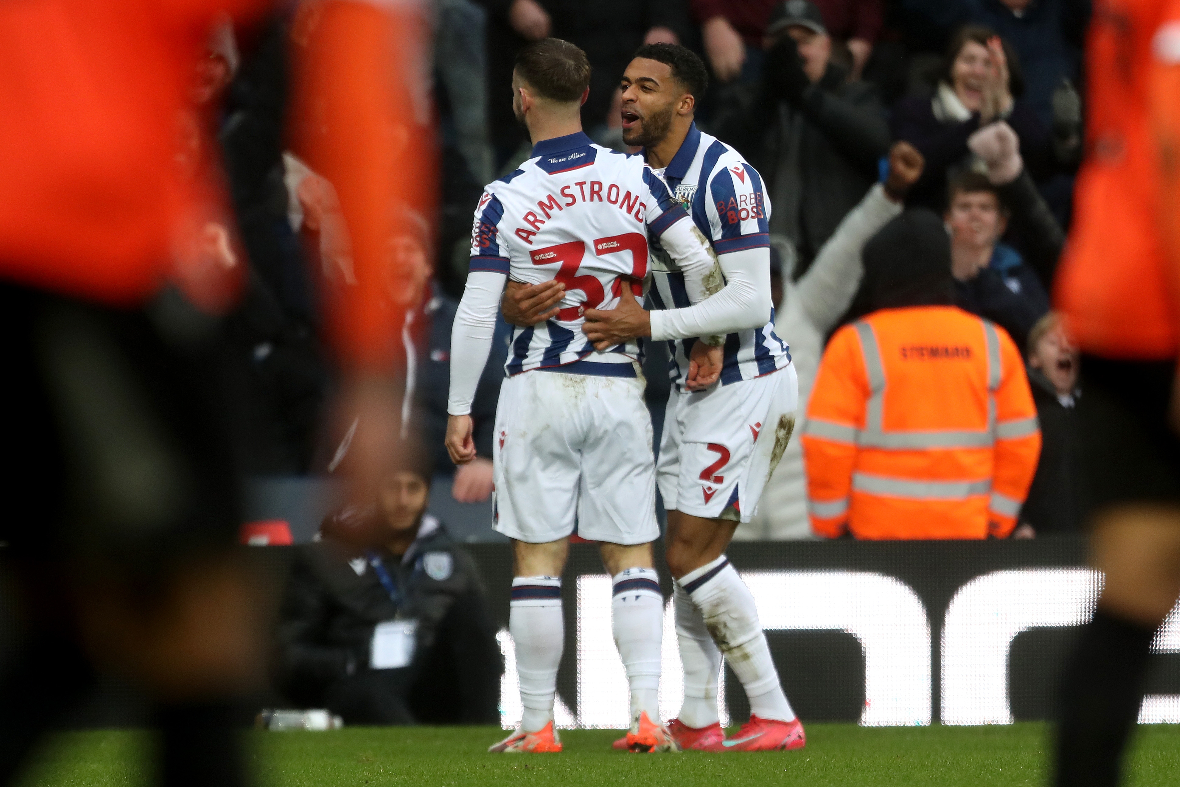 Adam Armstrong celebrates scoring against Sheffield Wednesday with Darnell Furlong