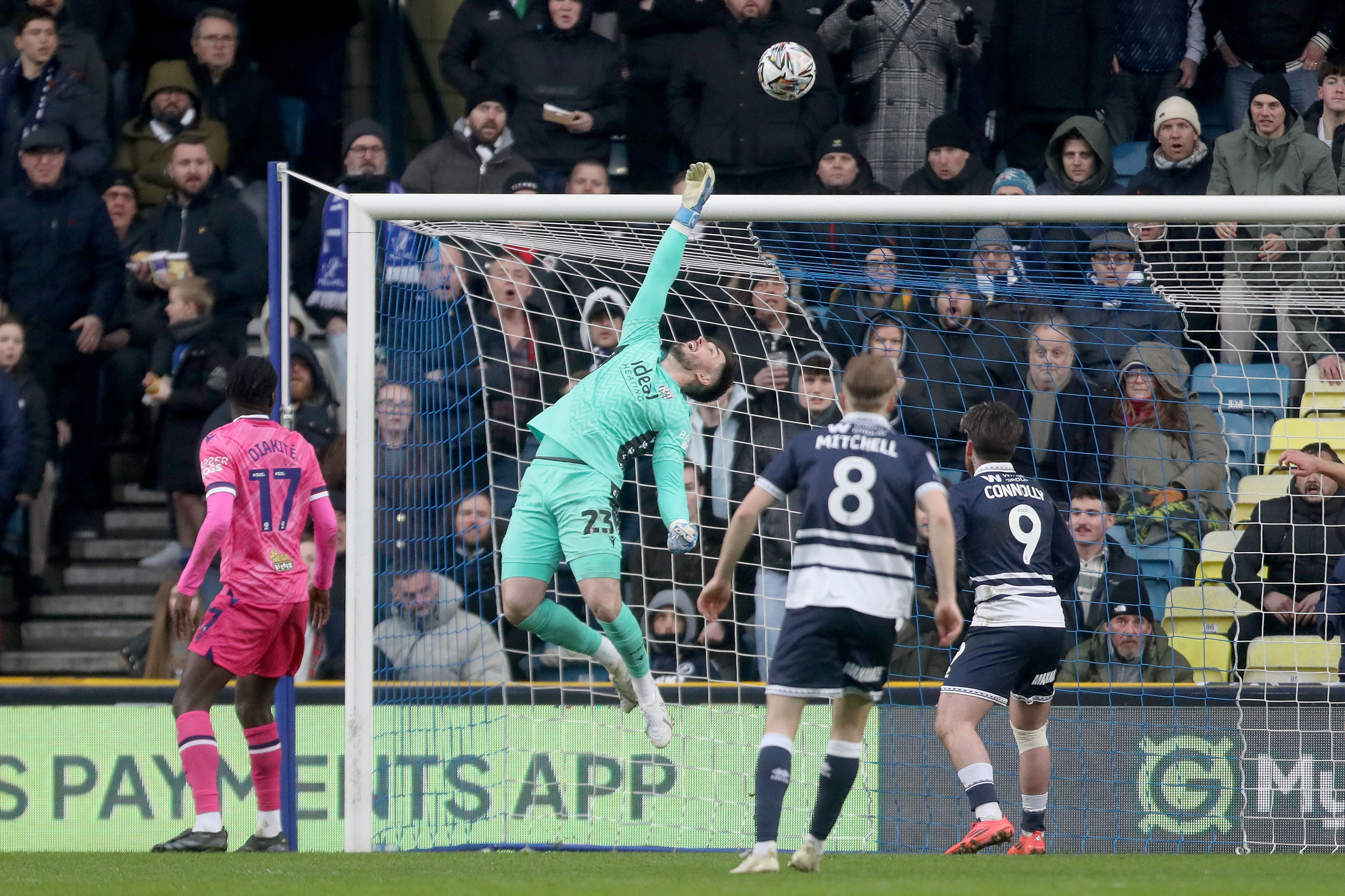 Joe Wildsmith making a save against Millwall 