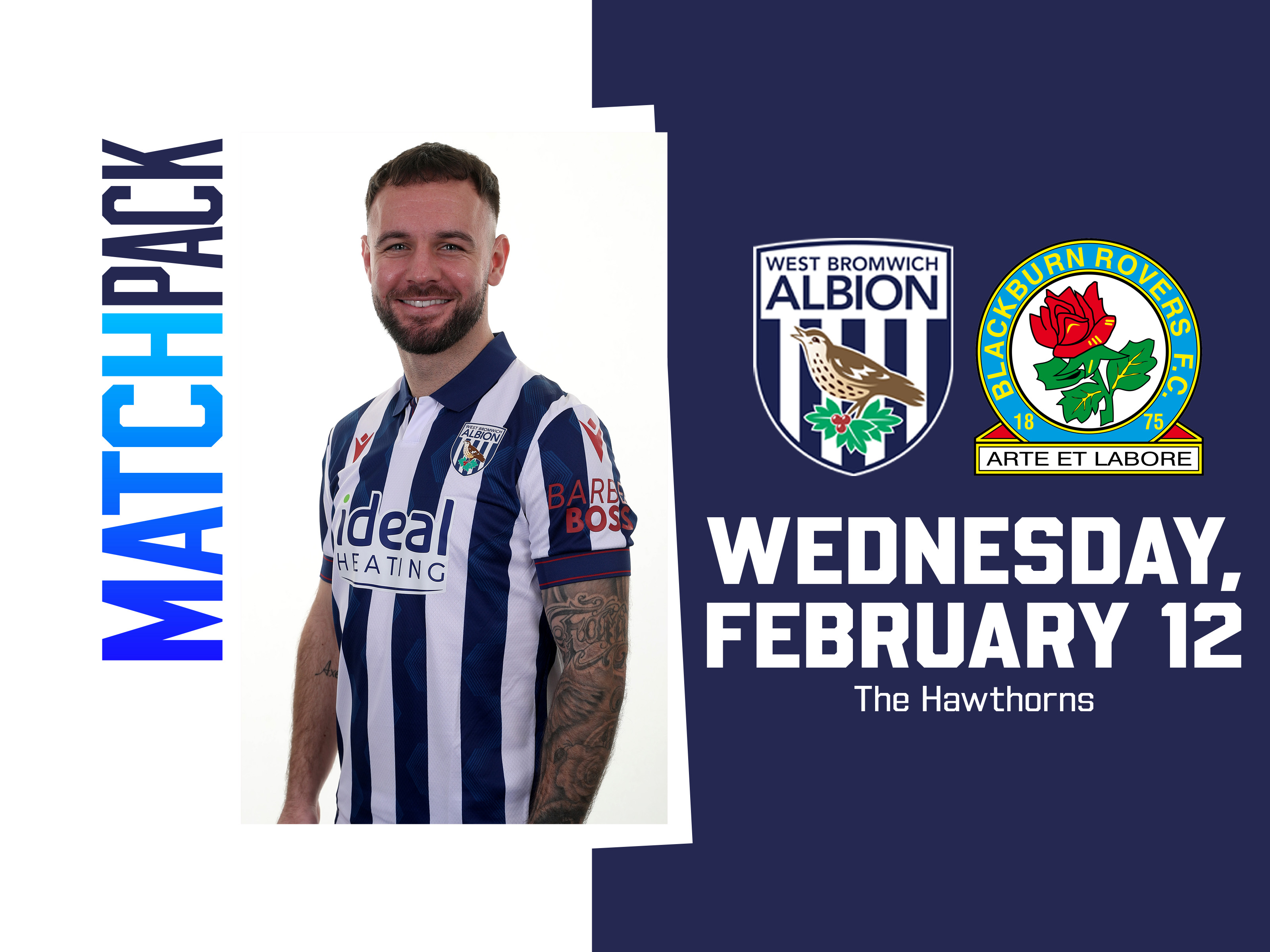 Home Blackburn match pack graphic with WBA & Rovers badges on as well as an image of Adam Armstrong smiling at the camera in the home kit 