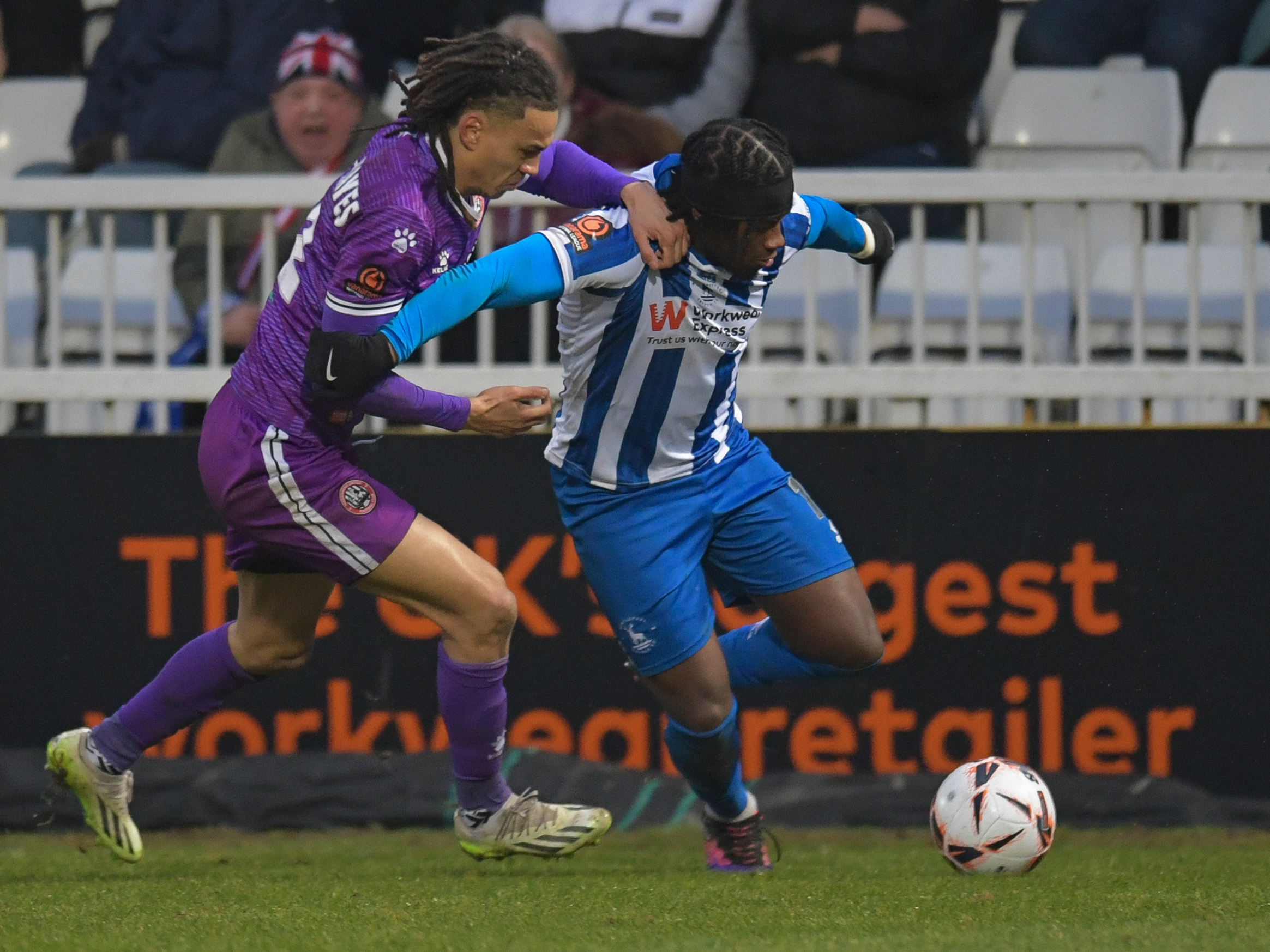 A photo of Albion forward Reyes Cleary in action for loan club Hartlepool, wearing their blue and white home kit