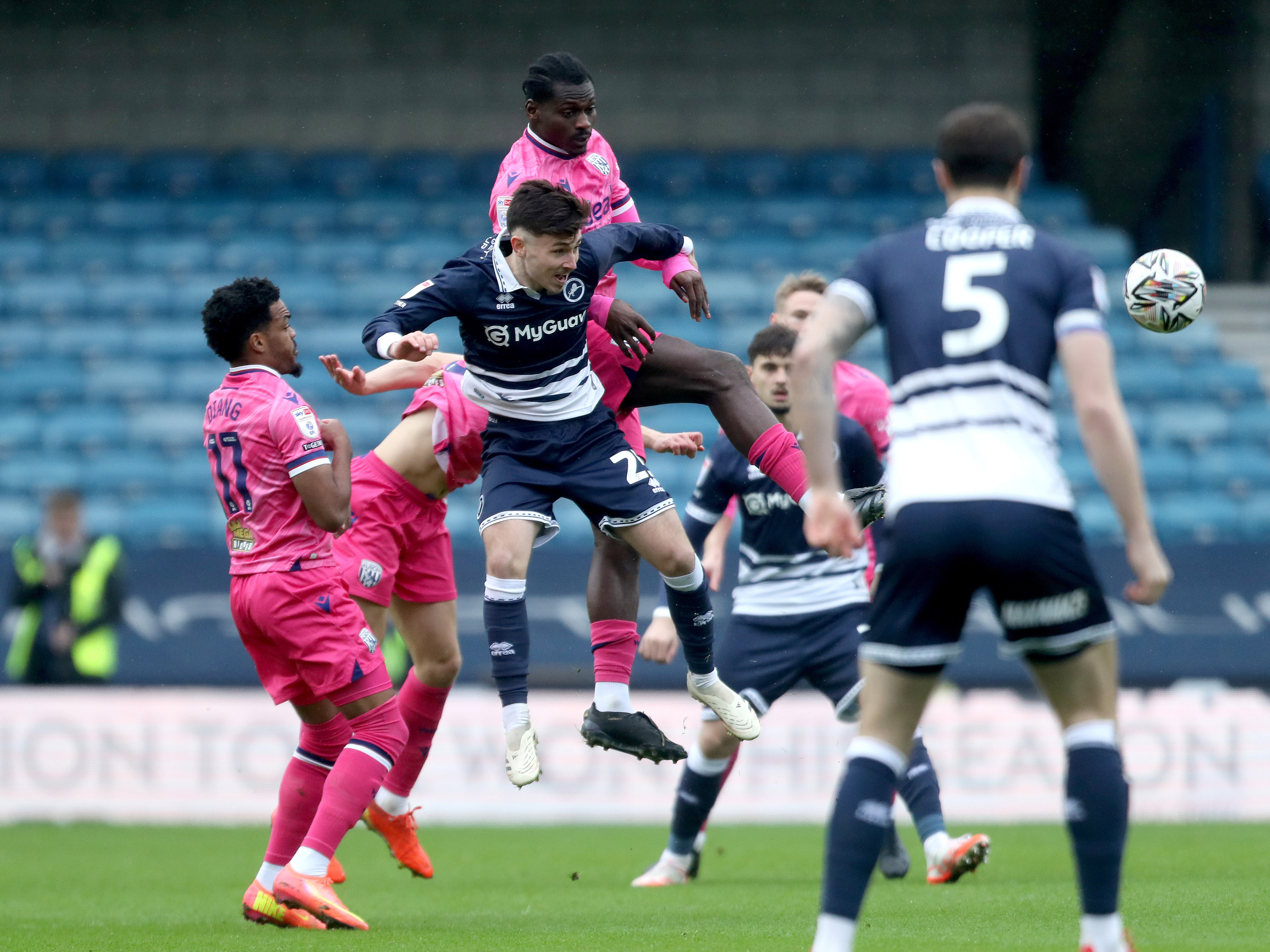 An image of Diakite challenging for a header at Millwall