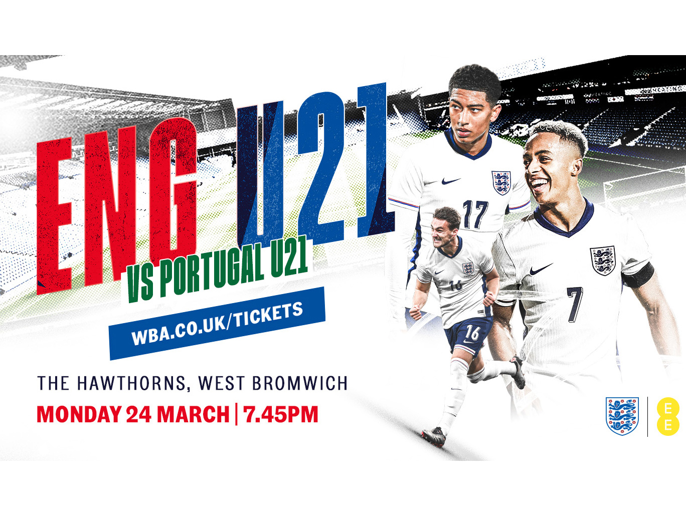 A website graphic displaying information for an England Under-21s match against Portugal Under-21s at The Hawthorns