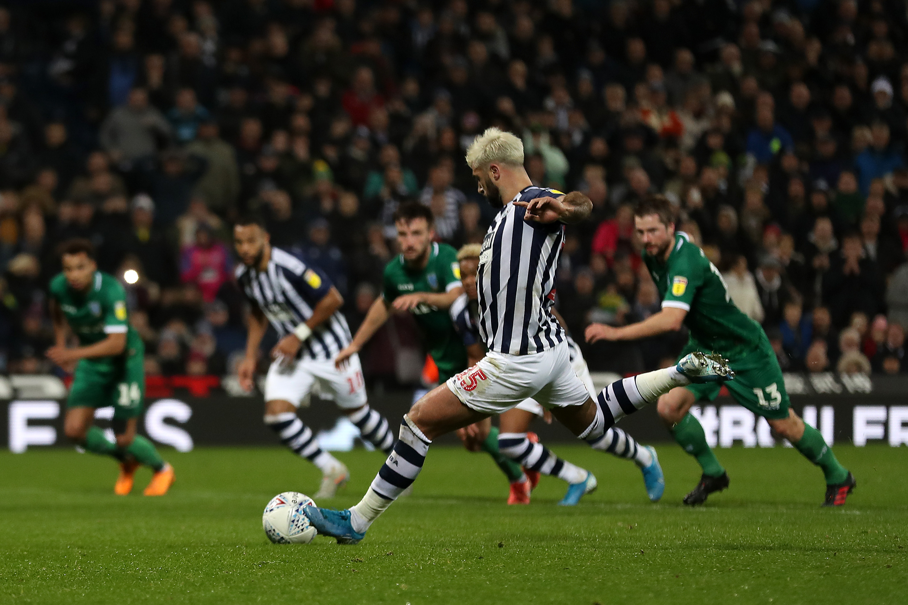 Charlie Austin taking a penalty at The Hawthorns against Sheffield Wednesday in 2019