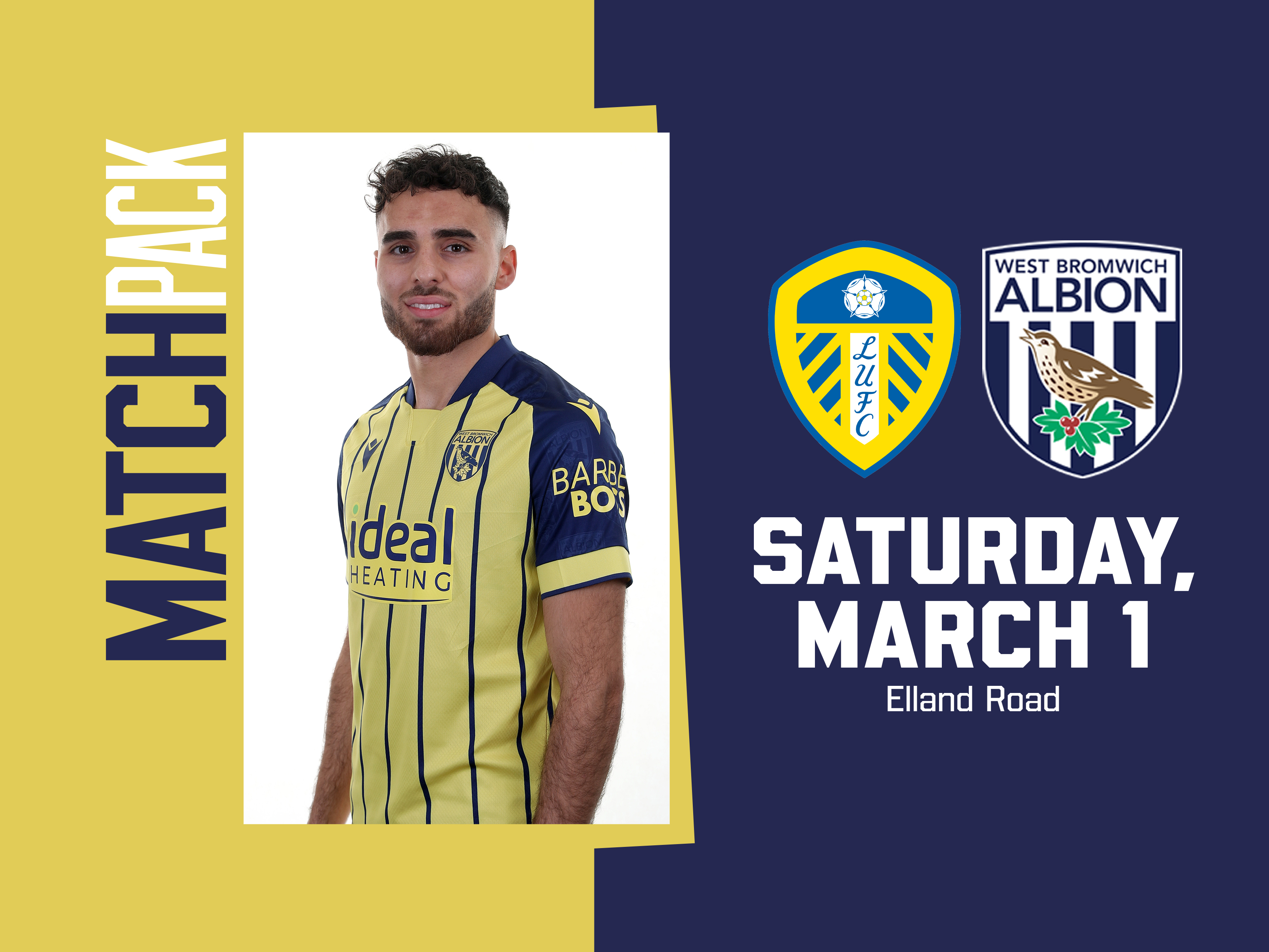 yellow and blue match pack graphic for Leeds away with both club badges on and an image of Tammer Bany in the yellow and blue away kit smiling at the camera 